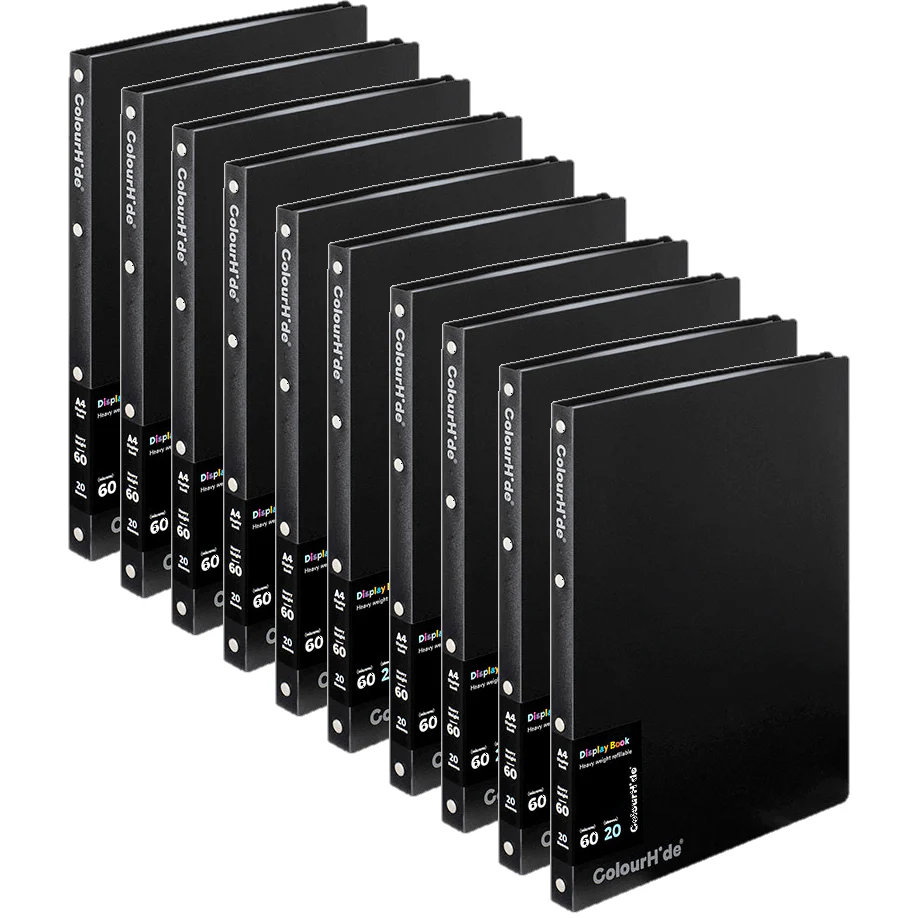 10 Pack Colourhide Refillable Display Book 20 Pockets Medium Weight A4 Black