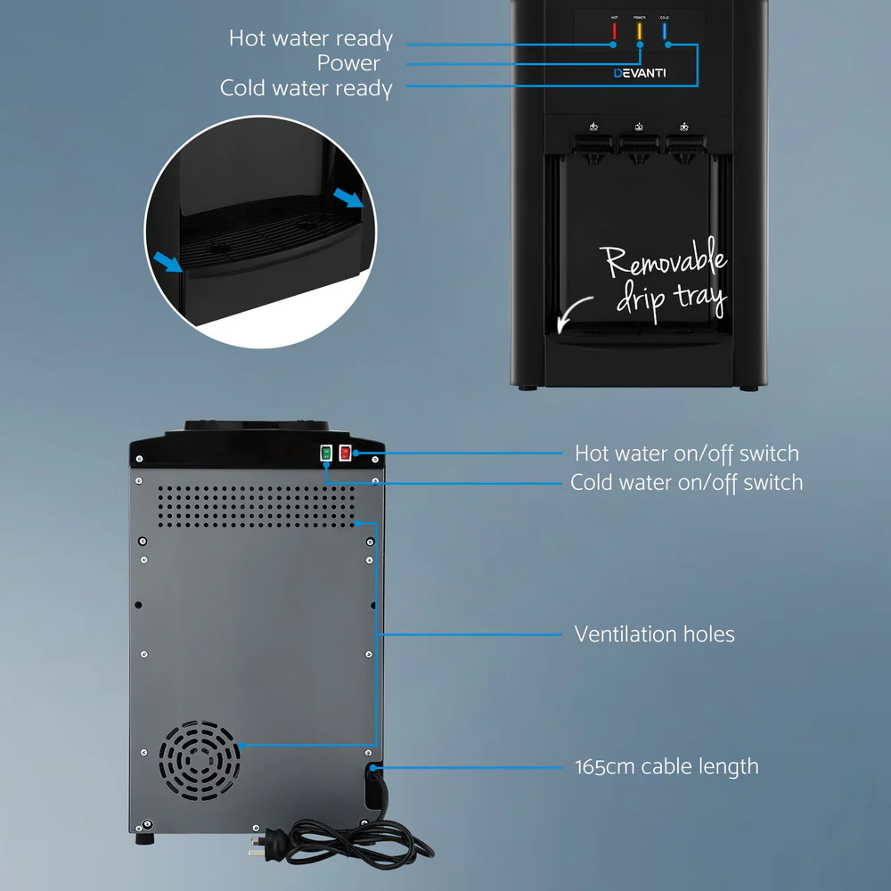 22L Devanti Water Cooler Dispenser Bench Top 3 Taps Chiller Filter Purifier Three Taps Black - Image 5