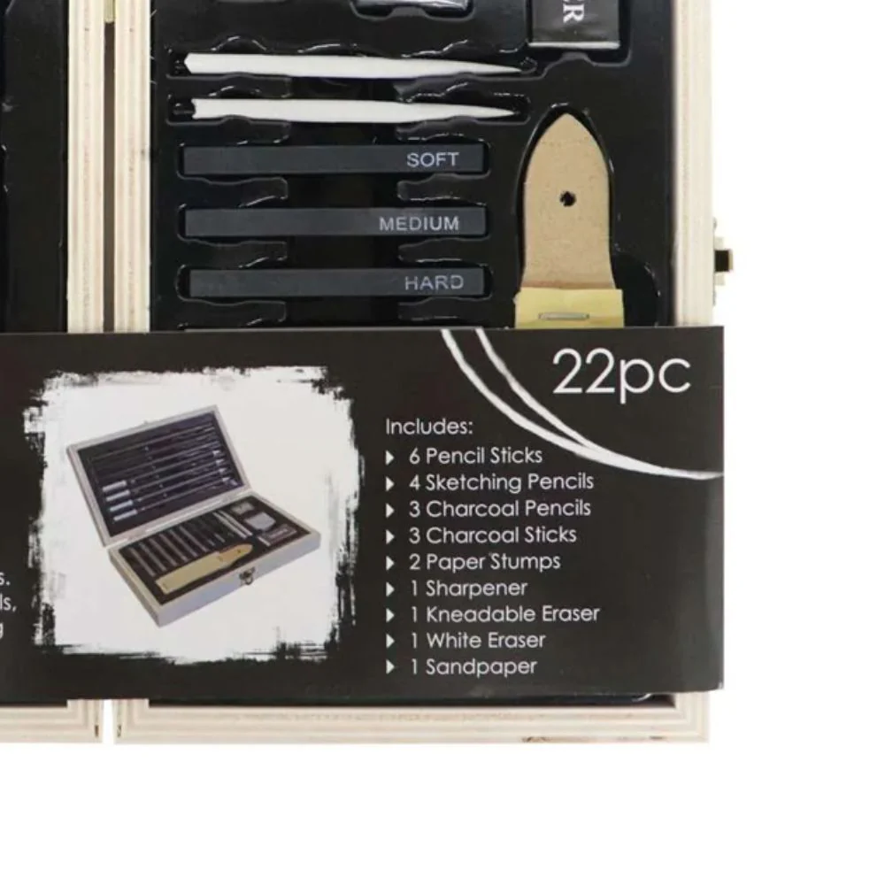 22pc Jasart Pencil/Charcoal Sketching Set w/ Wooden Travel Box - Image 2
