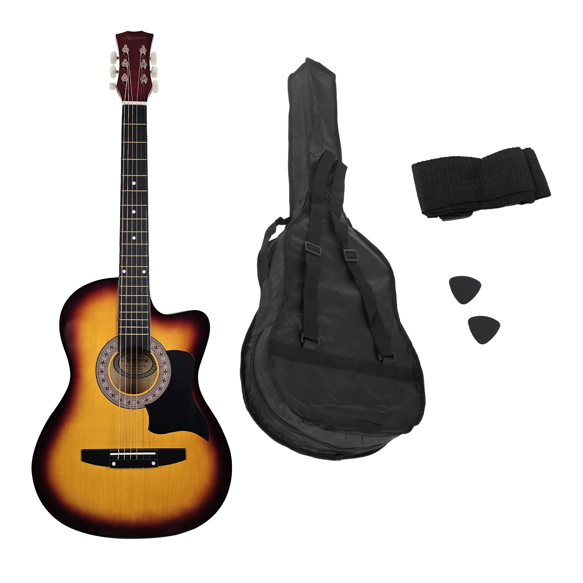 38in Karrera Acoustic Guitar Steel Strings Carry Bag Shoulder Strap Sun Burst - Image 2