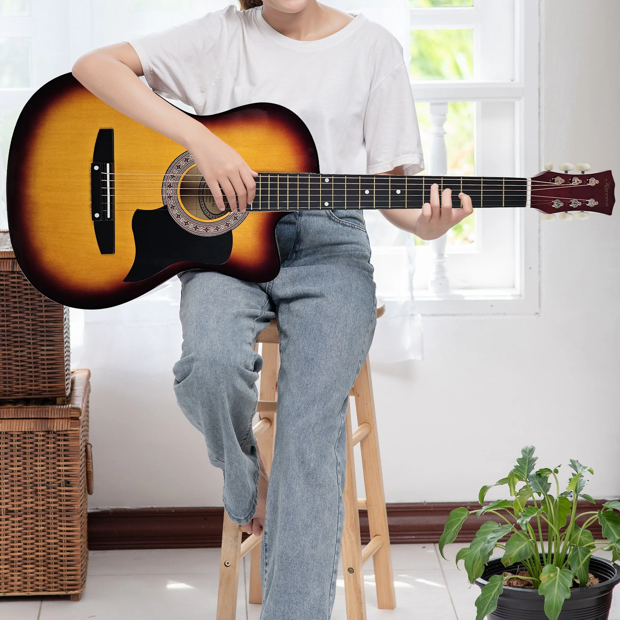 38in Karrera Acoustic Guitar Steel Strings Carry Bag Shoulder Strap Sun Burst - Image 9