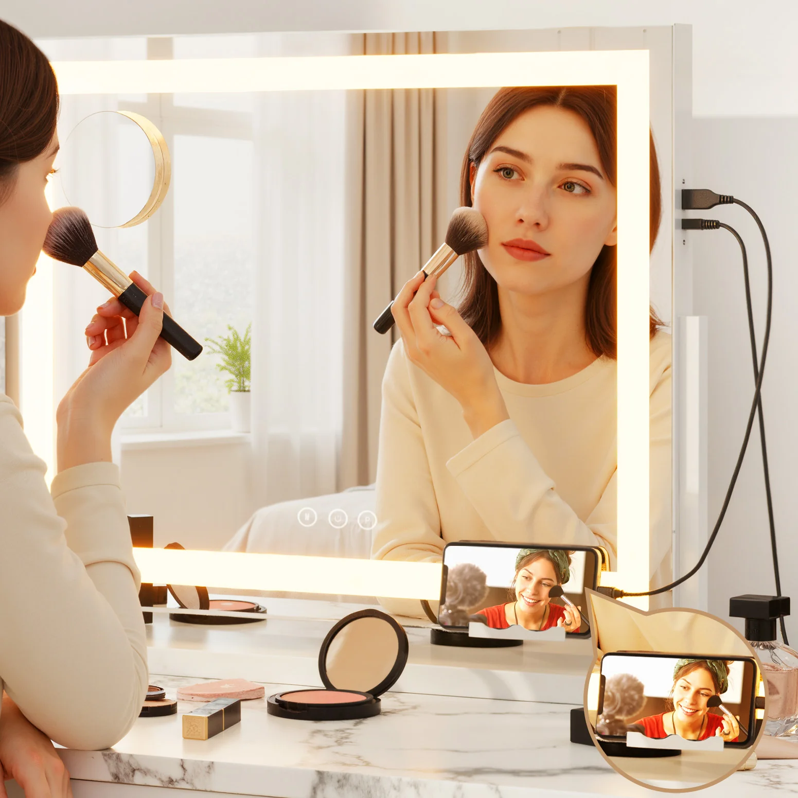 80x65cm Embellir Makeup Mirror Hollywood Vanity with LED Light White Frame - Image 7