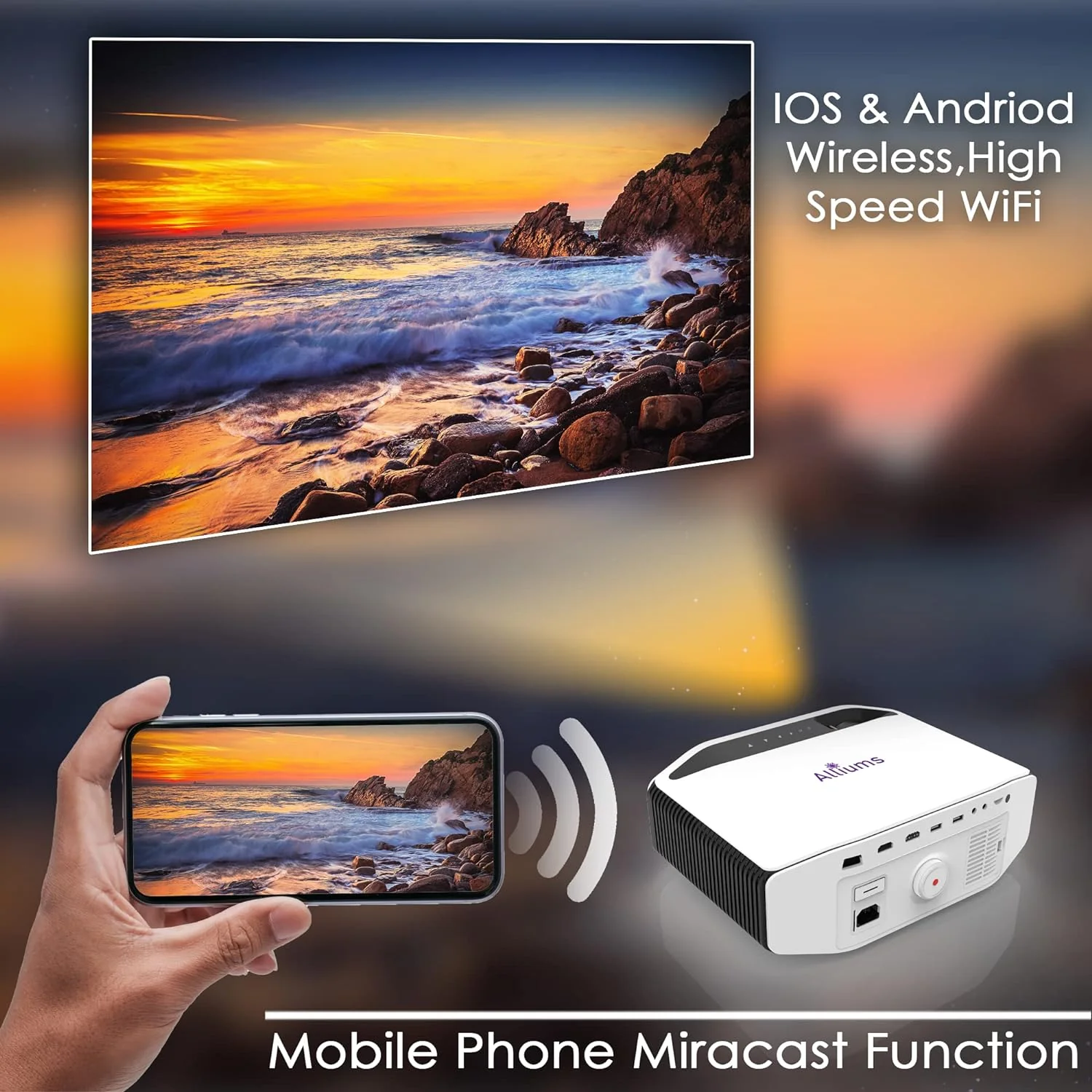 ALLIUMS 4K Projector with Wi-Fi & Bluetooth (White) - Image 5