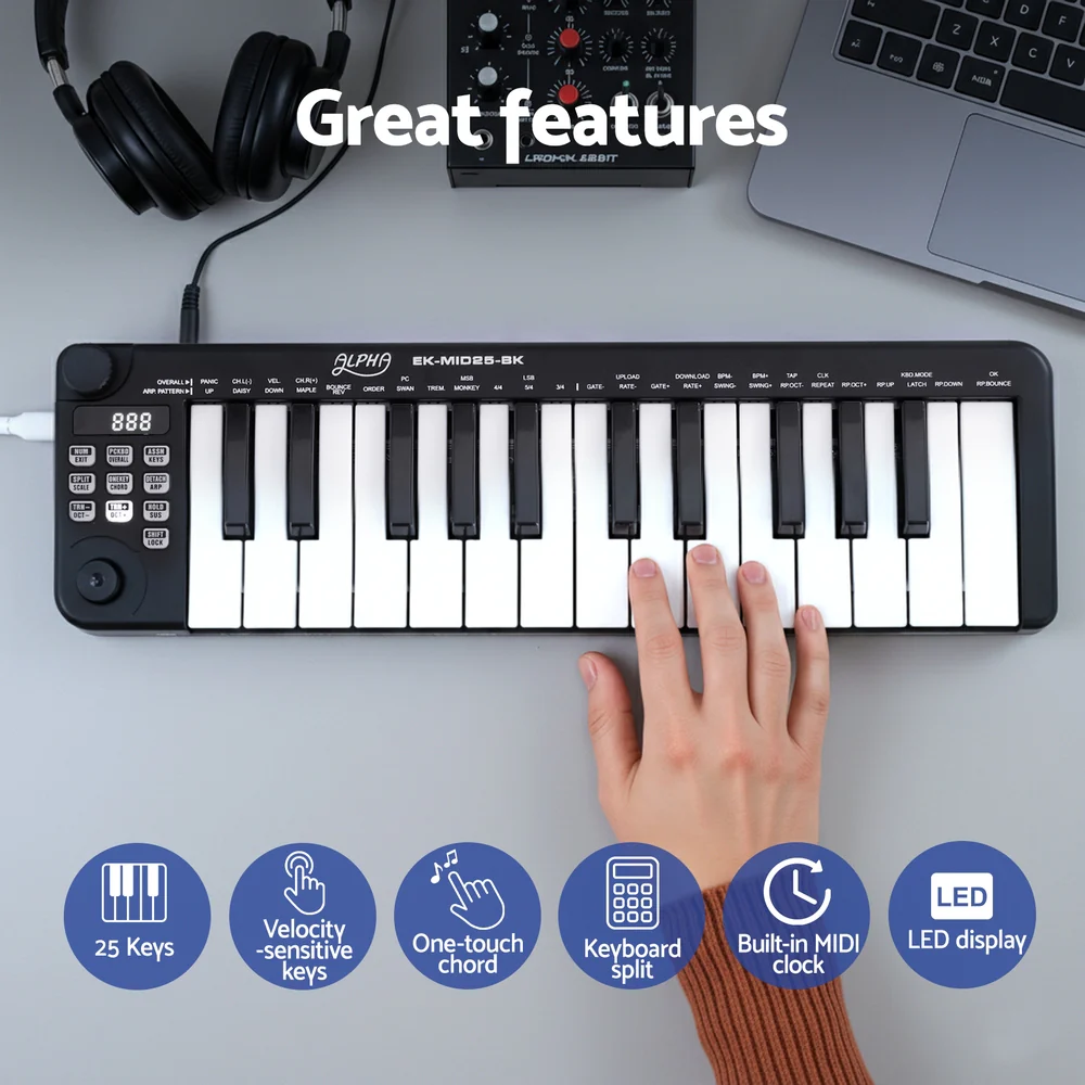 Alpha 25-Key MIDI Keyboard Controller Portable Piano USB Laptop (Black) - Image 6
