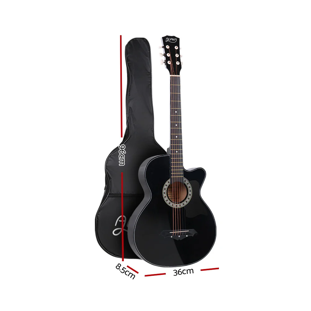 Alpha 38" Acoustic Guitar Wooden Body Steel String Full Size Cutaway (Black) - Image 2