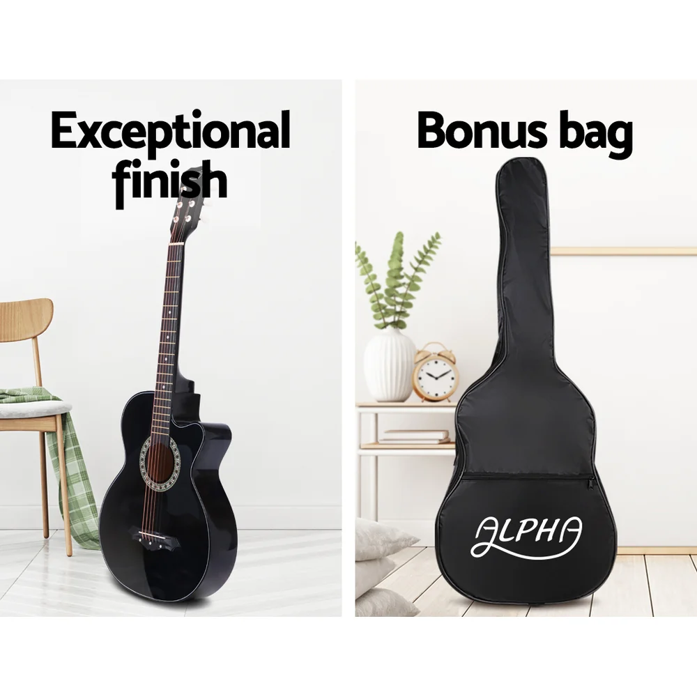 Alpha 38" Acoustic Guitar Wooden Body Steel String Full Size Cutaway (Black) - Image 4