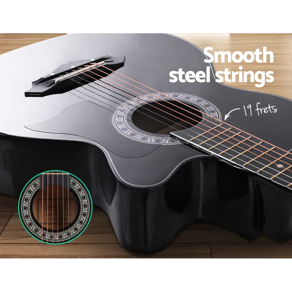 Alpha 38" Acoustic Guitar Wooden Body Steel String Full Size Cutaway (Black) - Image 5