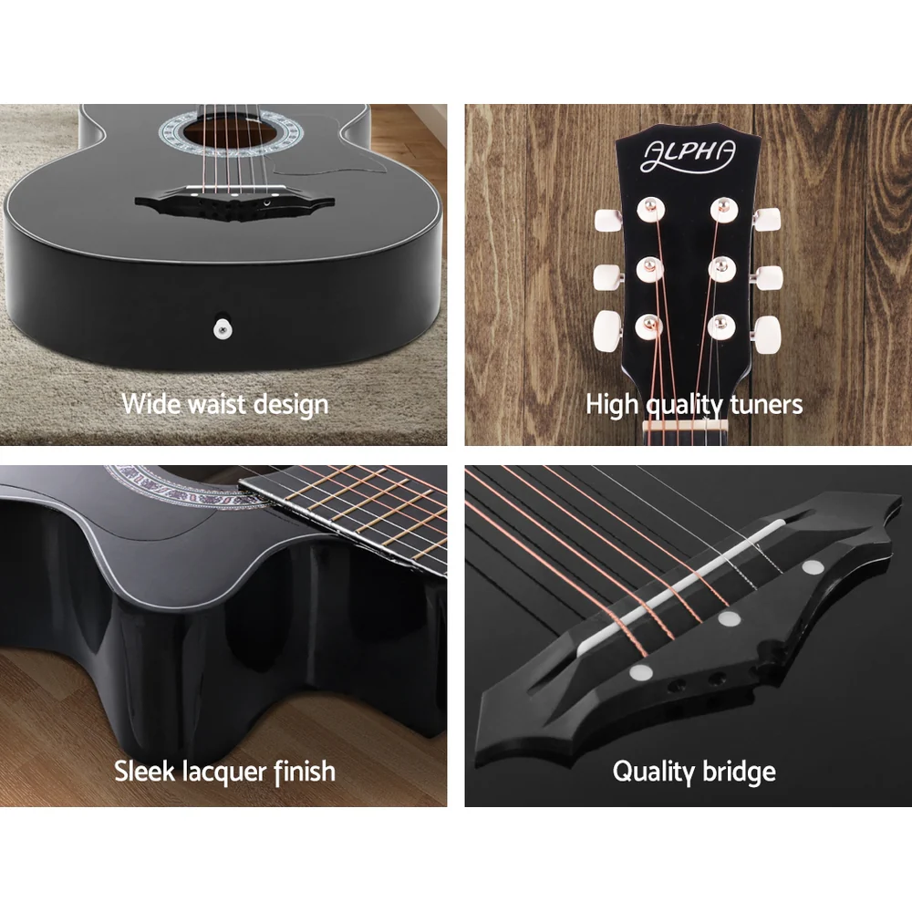 Alpha 38" Acoustic Guitar Wooden Body Steel String Full Size Cutaway (Black) - Image 6