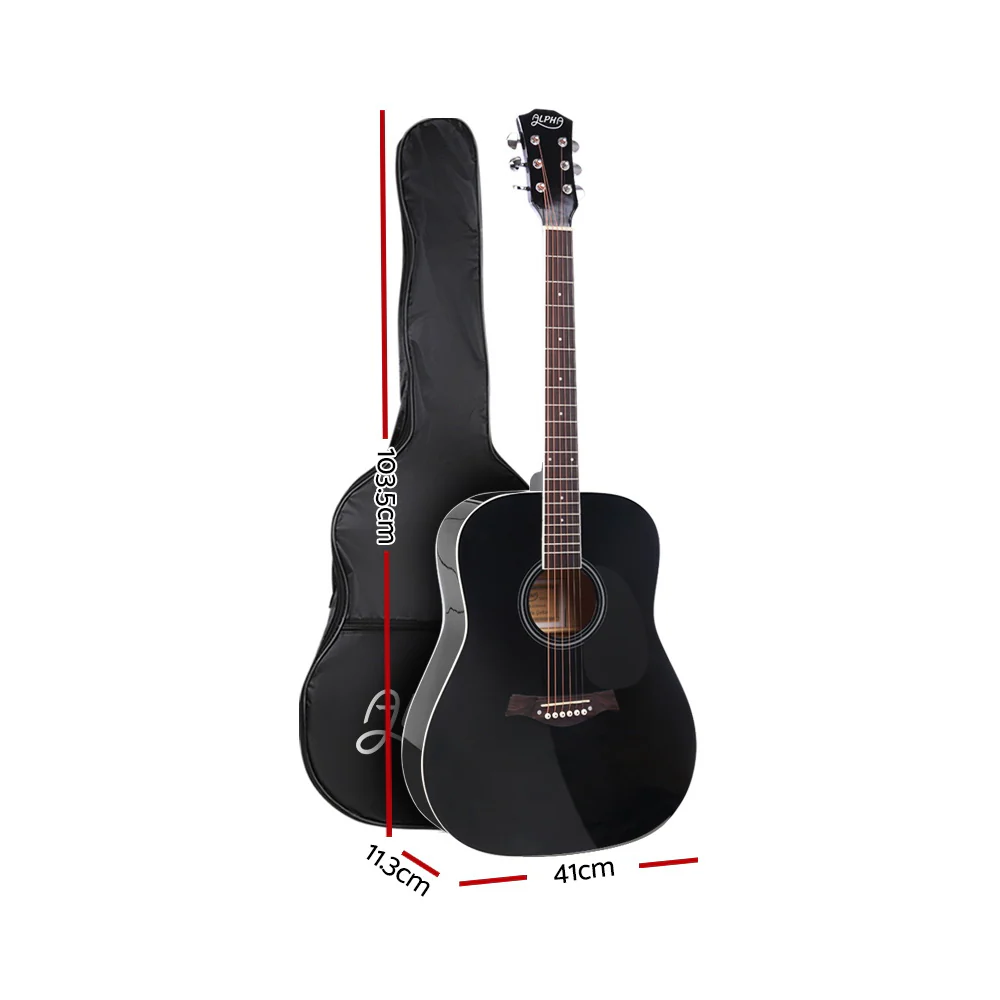 Alpha 41" Acoustic Guitar Wooden Body Steel String Dreadnought (Black) - Image 2