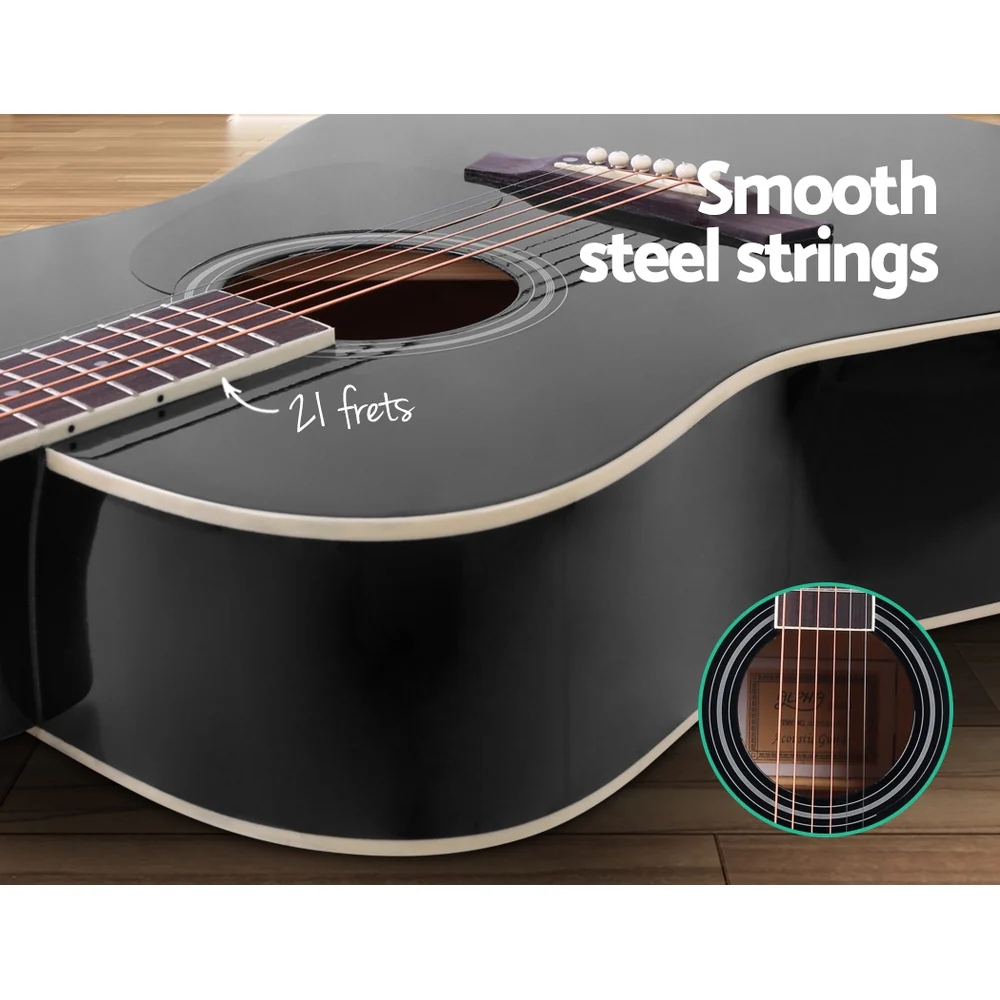 Alpha 41" Acoustic Guitar Wooden Body Steel String Dreadnought (Black) - Image 5