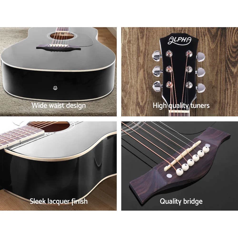 Alpha 41" Acoustic Guitar Wooden Body Steel String Dreadnought (Black) - Image 6