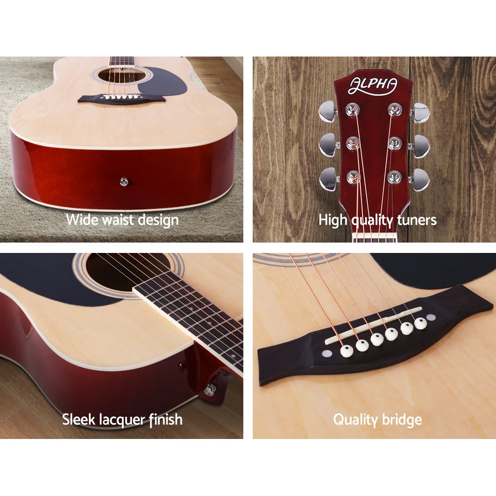 Alpha 41" Acoustic Guitar Wooden Body Steel String Dreadnought (Wood) - Image 6