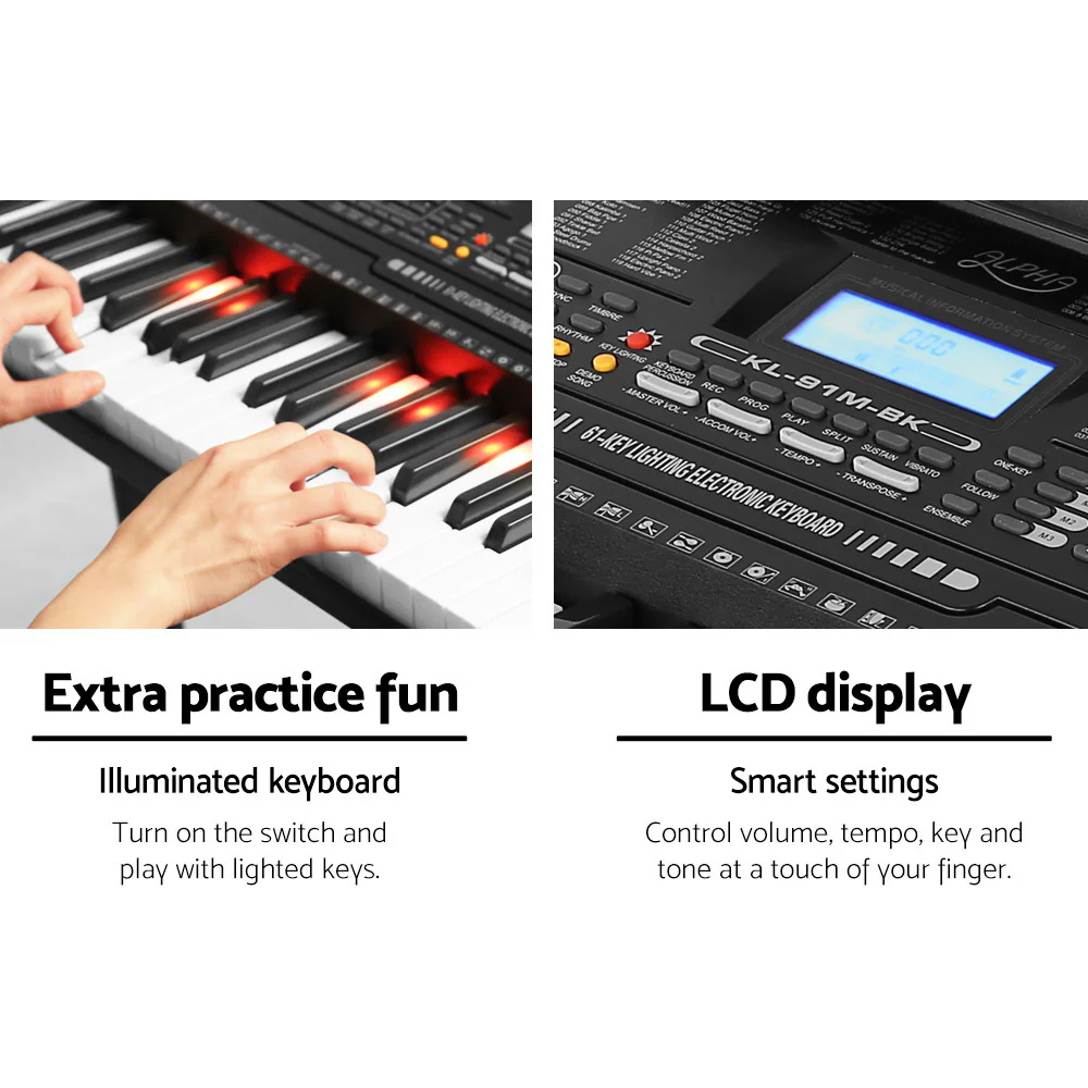 Alpha 61 Keys Electronic Piano Keyboard Digital Electric with Stand (Lighted Black) - Image 5