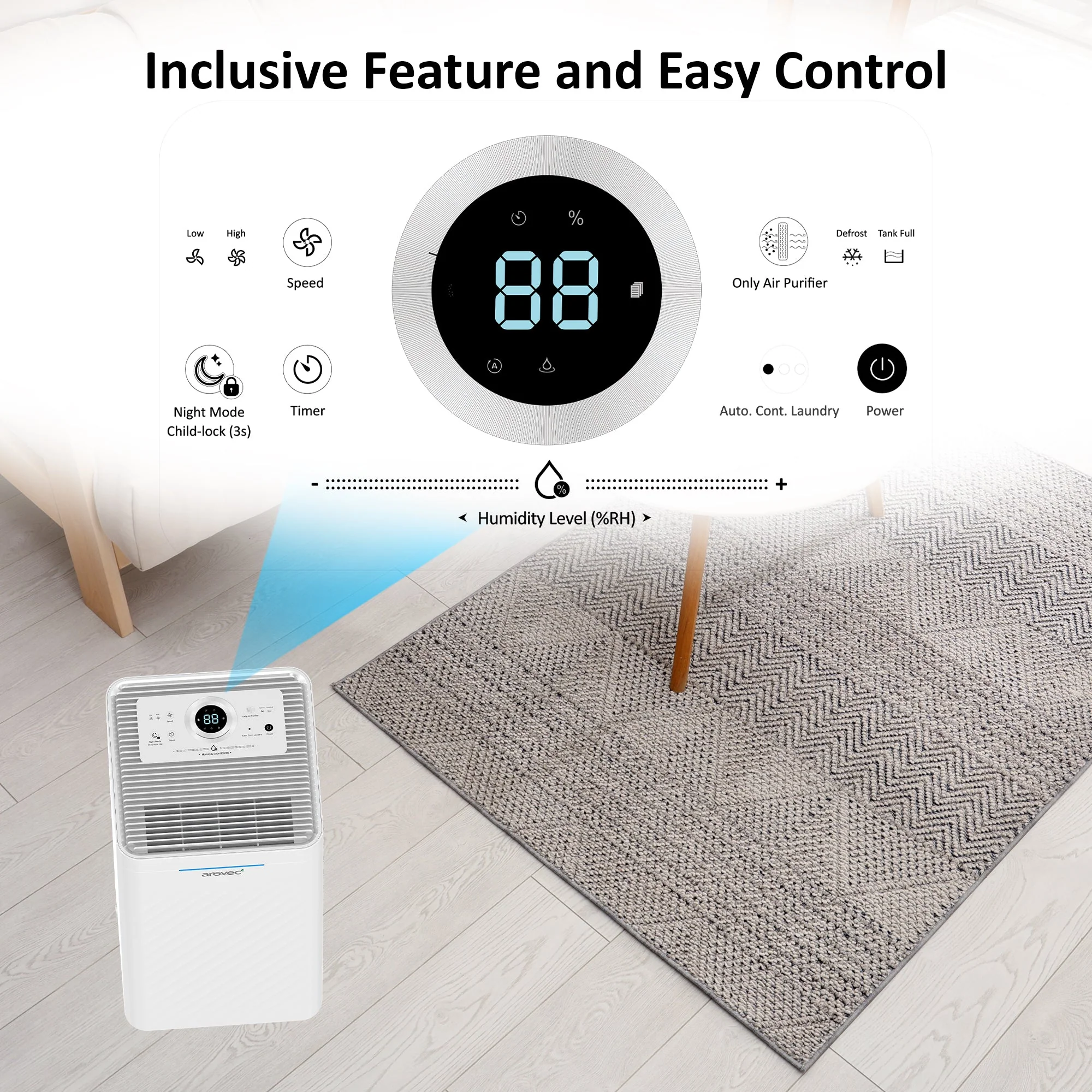 AROVEC Smart 2-in-1 Dehumidifier & Air Purifier, 2.5L Tank, 16L/Day, 50m² - Image 3