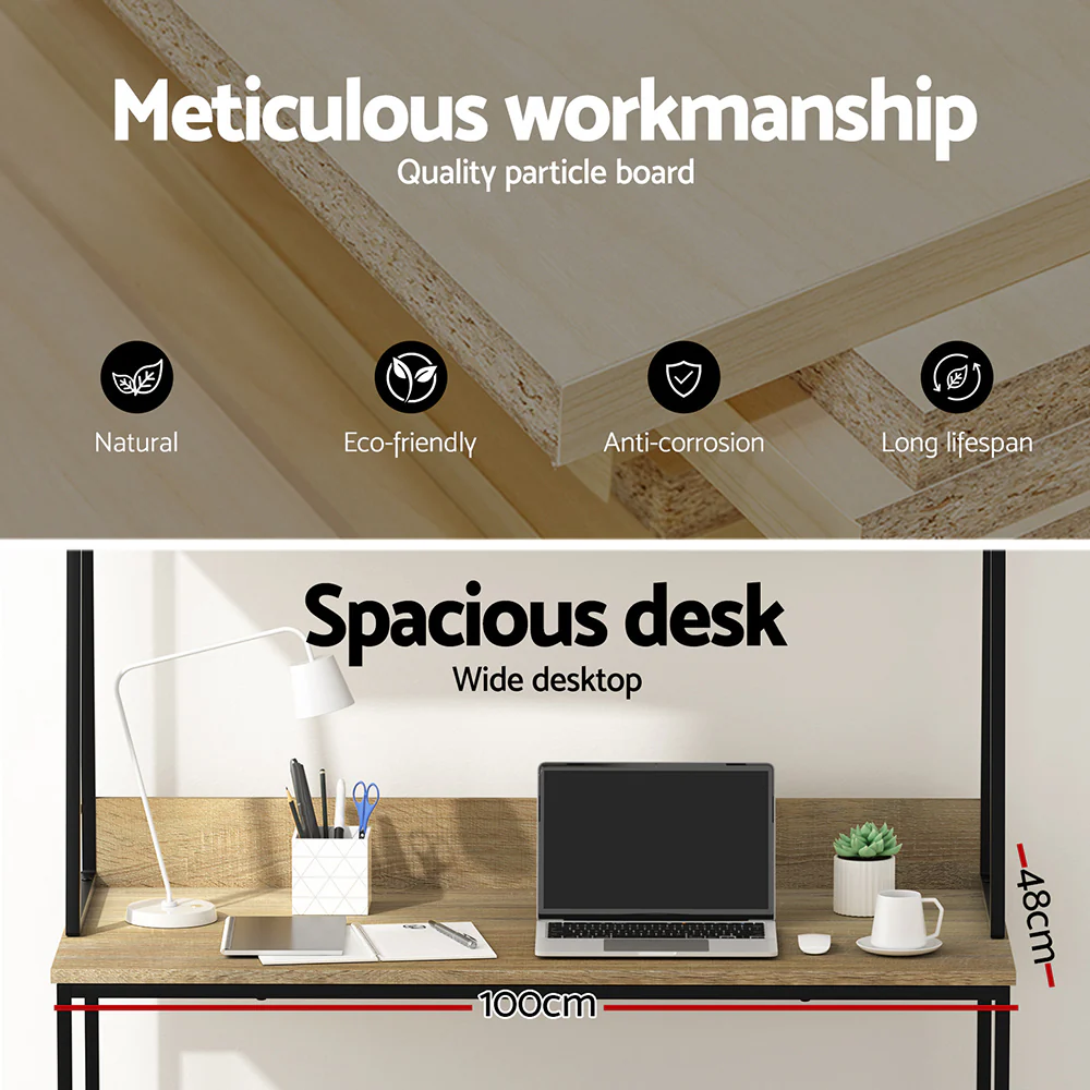Artiss Computer Desk Bookshelf Storage 100CM Oak - Image 5