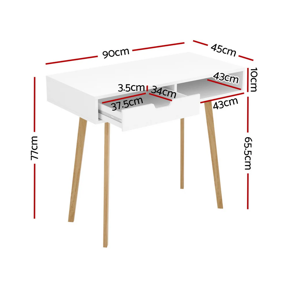 Artiss Computer Desk Drawer Cabinet Shelf White 90CM - Image 2