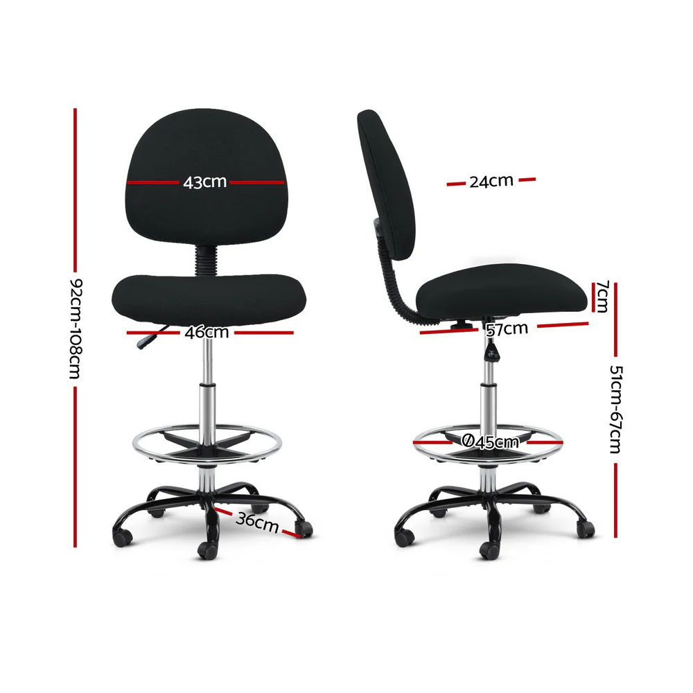 Artiss Office Chair Drafting Stool Fabric Chairs (Black) - Image 2