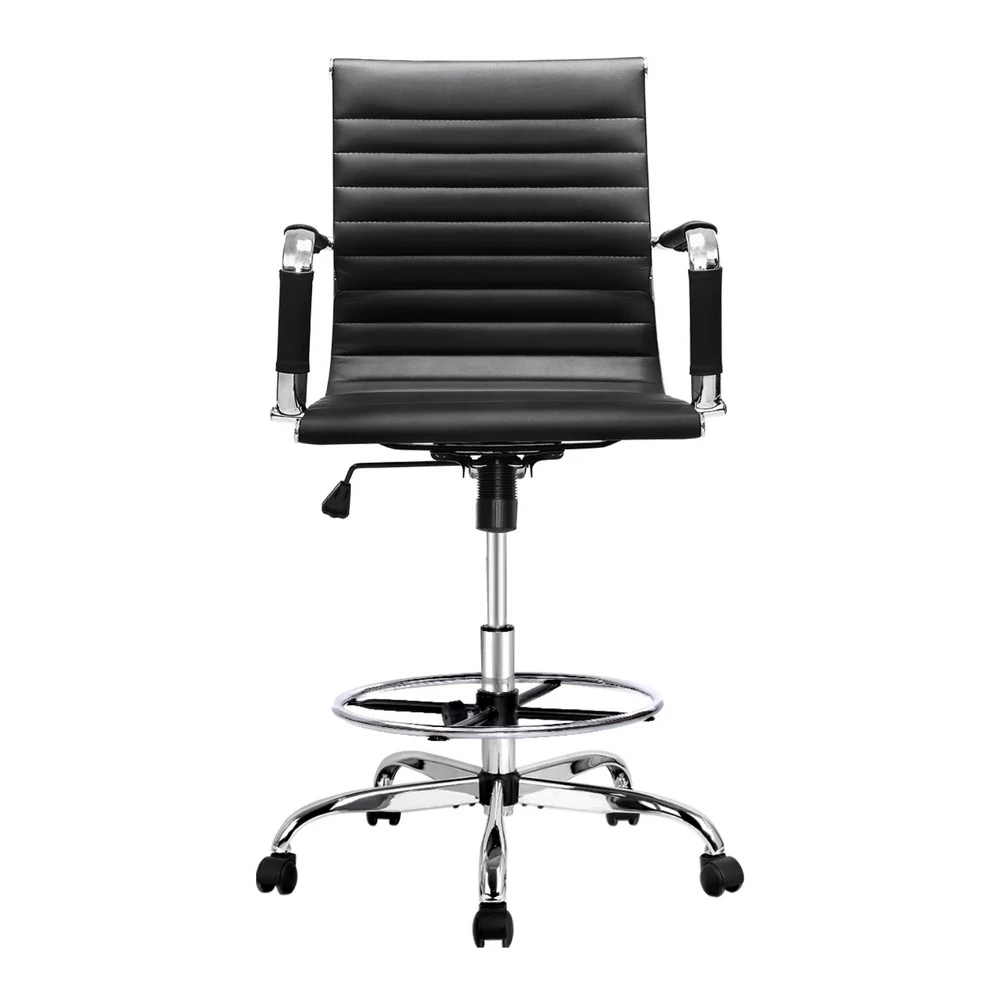 Artiss Office Chair Drafting Stool Leather Chairs (Black) - Image 3