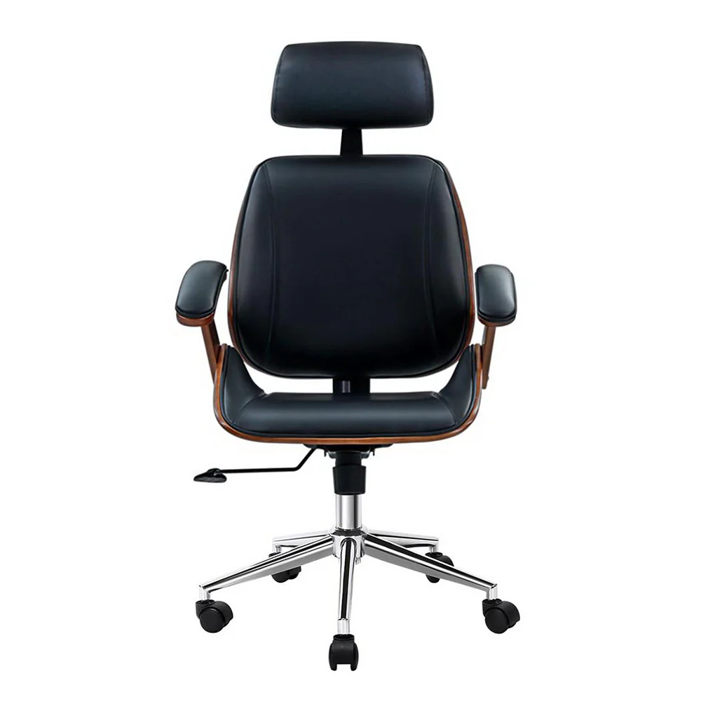 Artiss Wooden Office Chair Leather Seat (Black) - Image 3