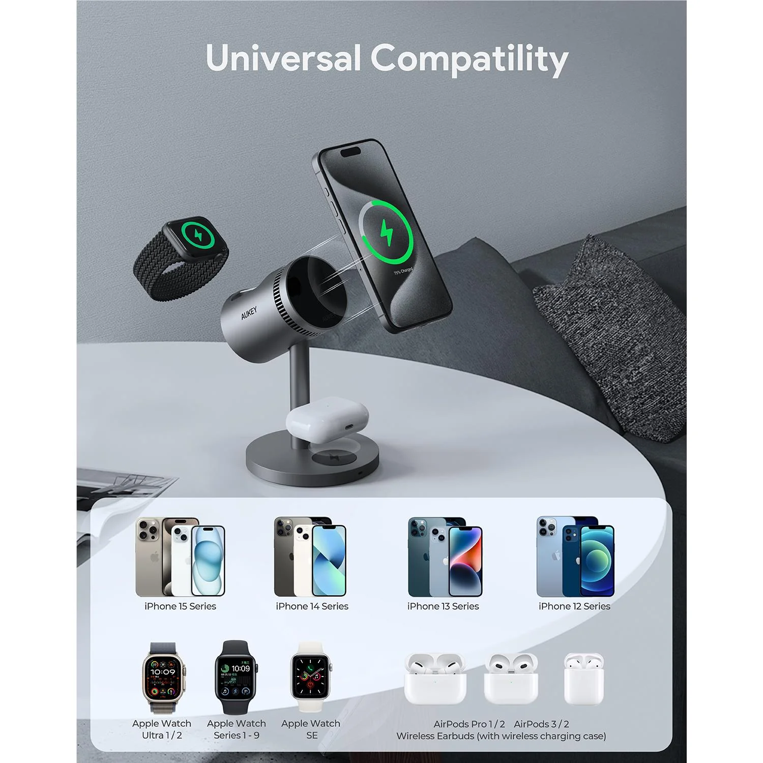 Aukey MagFusion 3-in-1 Pro Qi2 Fast Wireless Charging Station with Active Cooling - Image 7