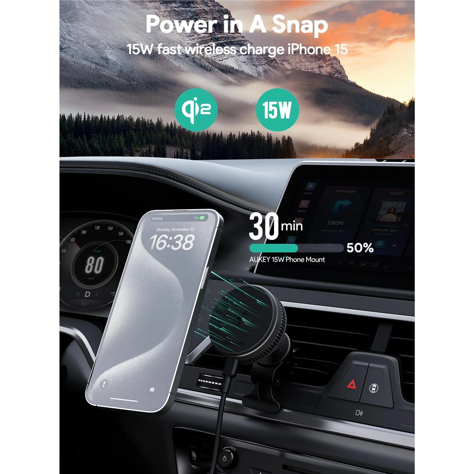 Aukey MagFusion Dash Pro Qi2 Fast Wireless Charging Phone Mount with Active Cooling - Image 3