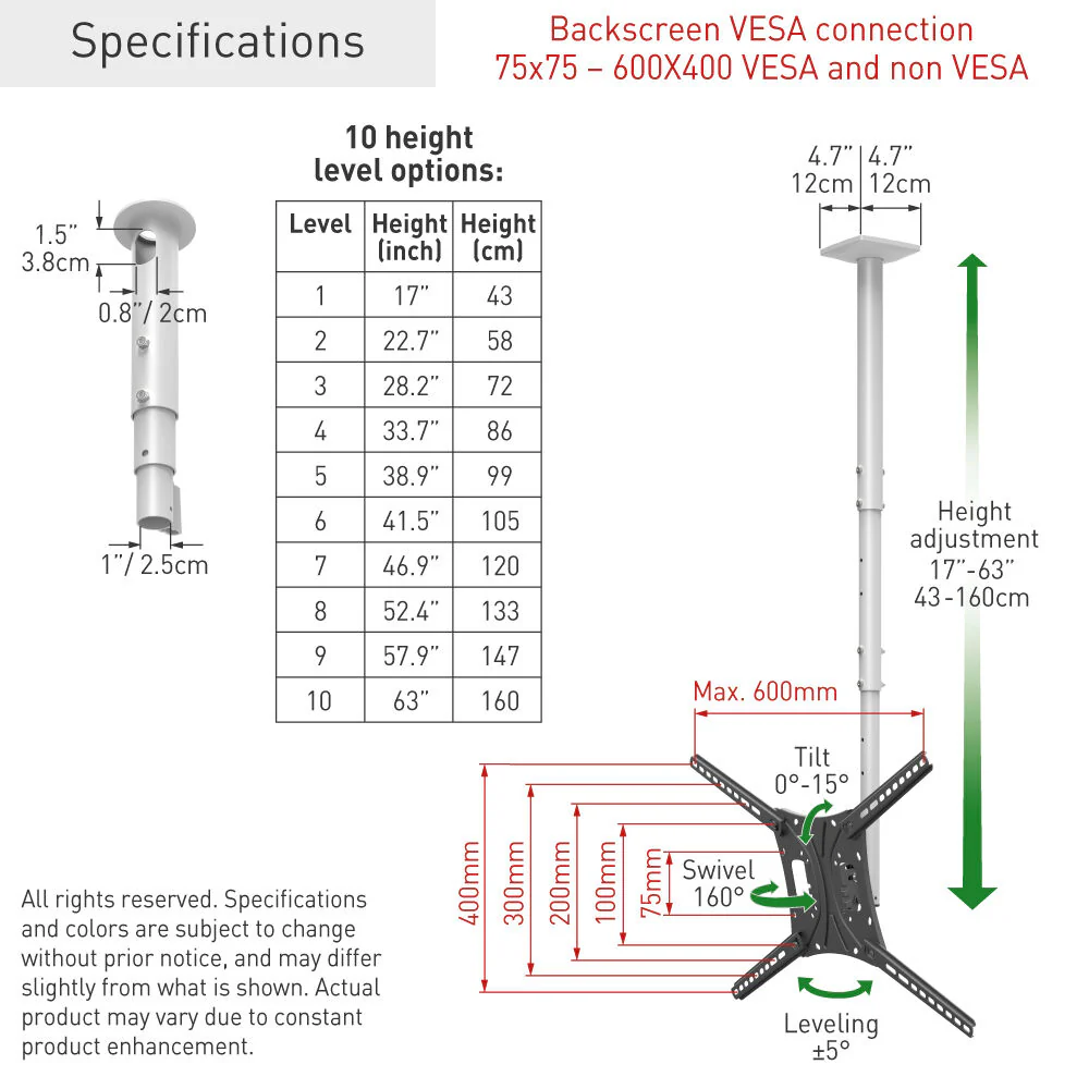 Barkan 13" - 86" Long TV Ceiling Mount 4500L - Image 3