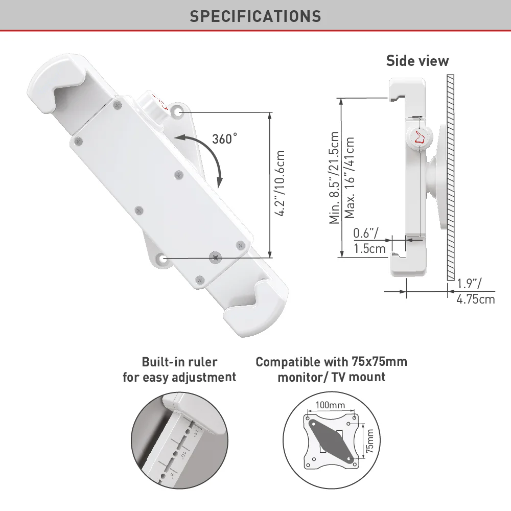 Barkan 7–14" Tablet Wall Mount with 360° Rotation (White) - Image 6