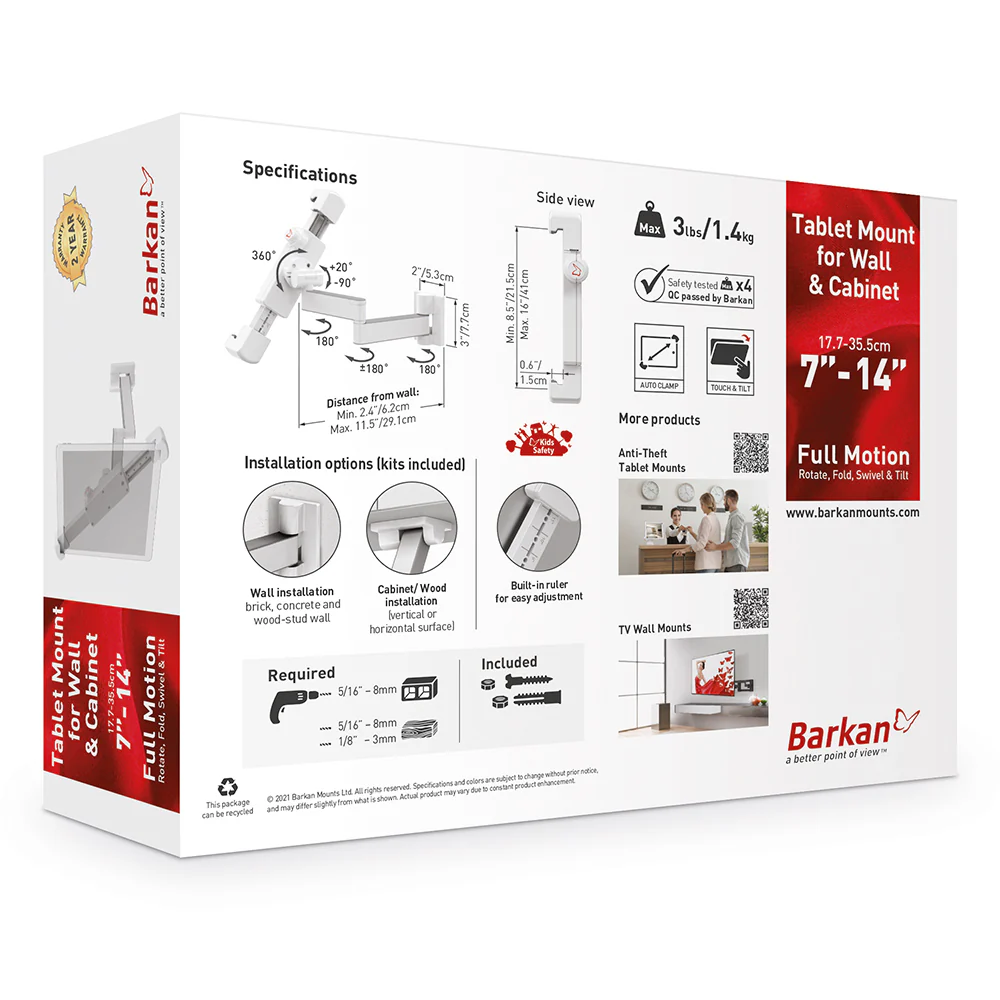 Barkan Full Motion Tablet Wall and Cabinet Mount 7–14" (White) - Image 4