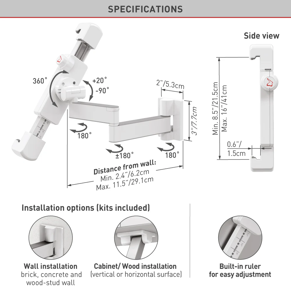 Barkan Full Motion Tablet Wall and Cabinet Mount 7–14" (White) - Image 6