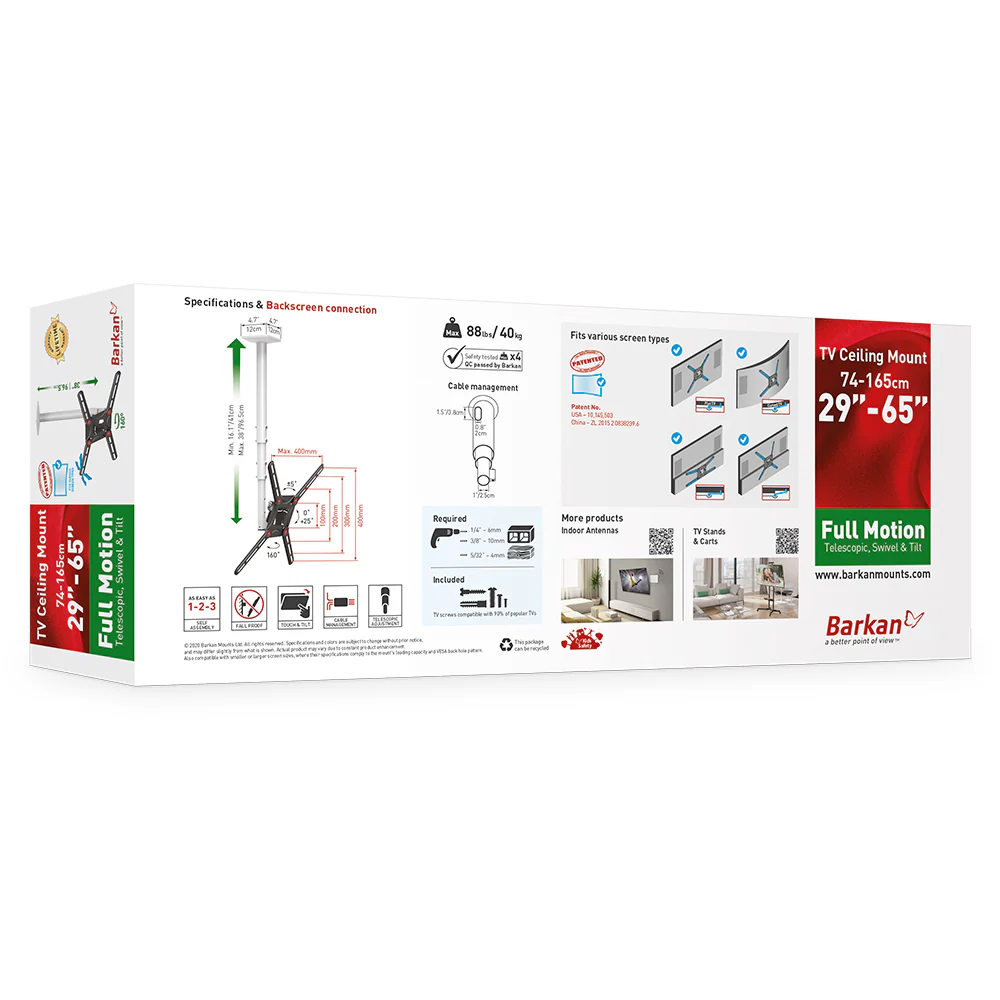 Barkan Full Motion TV Ceiling Mount, 29 - 65 Inch Size, White - Image 4