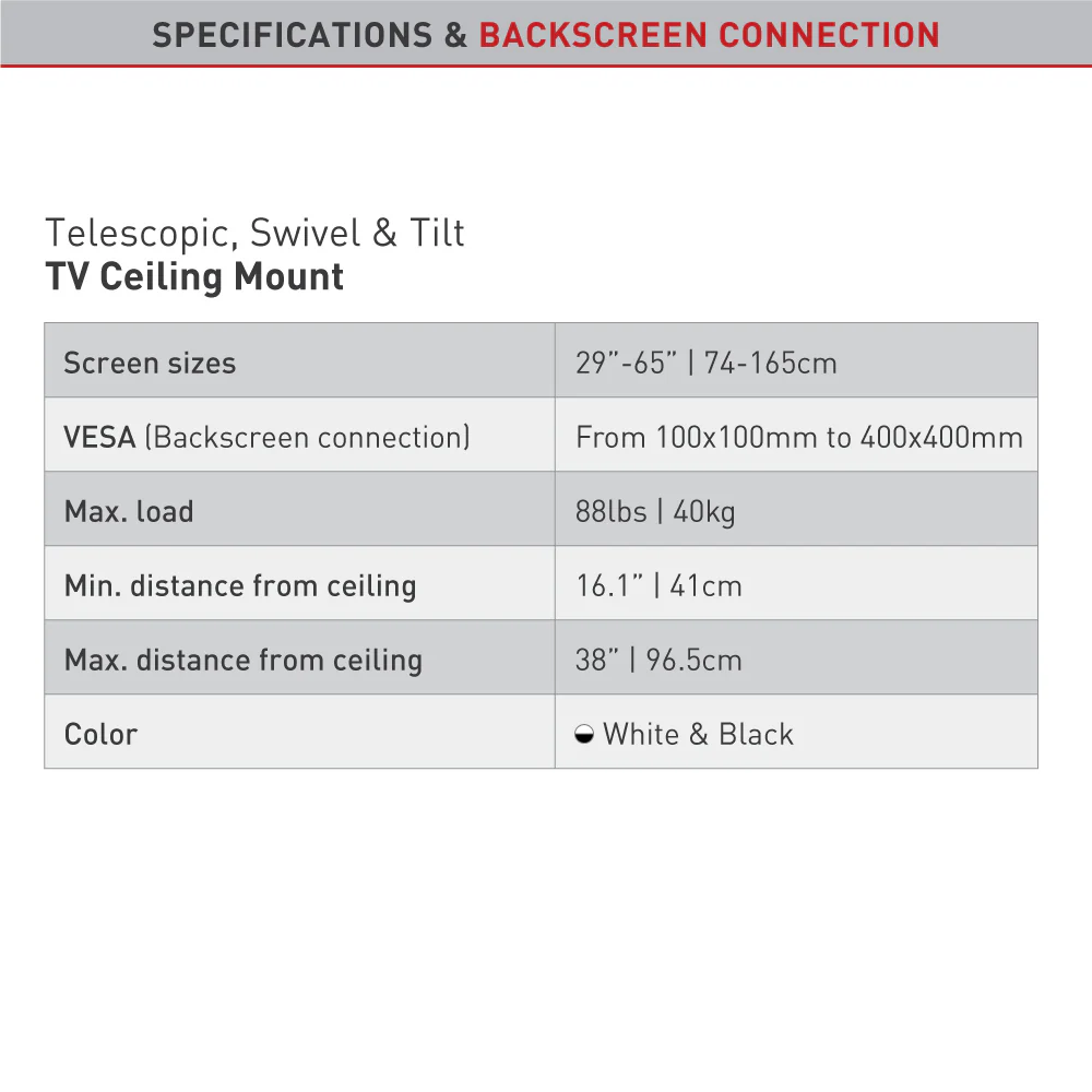 Barkan Full Motion TV Ceiling Mount, 29 - 65 Inch Size, White - Image 6