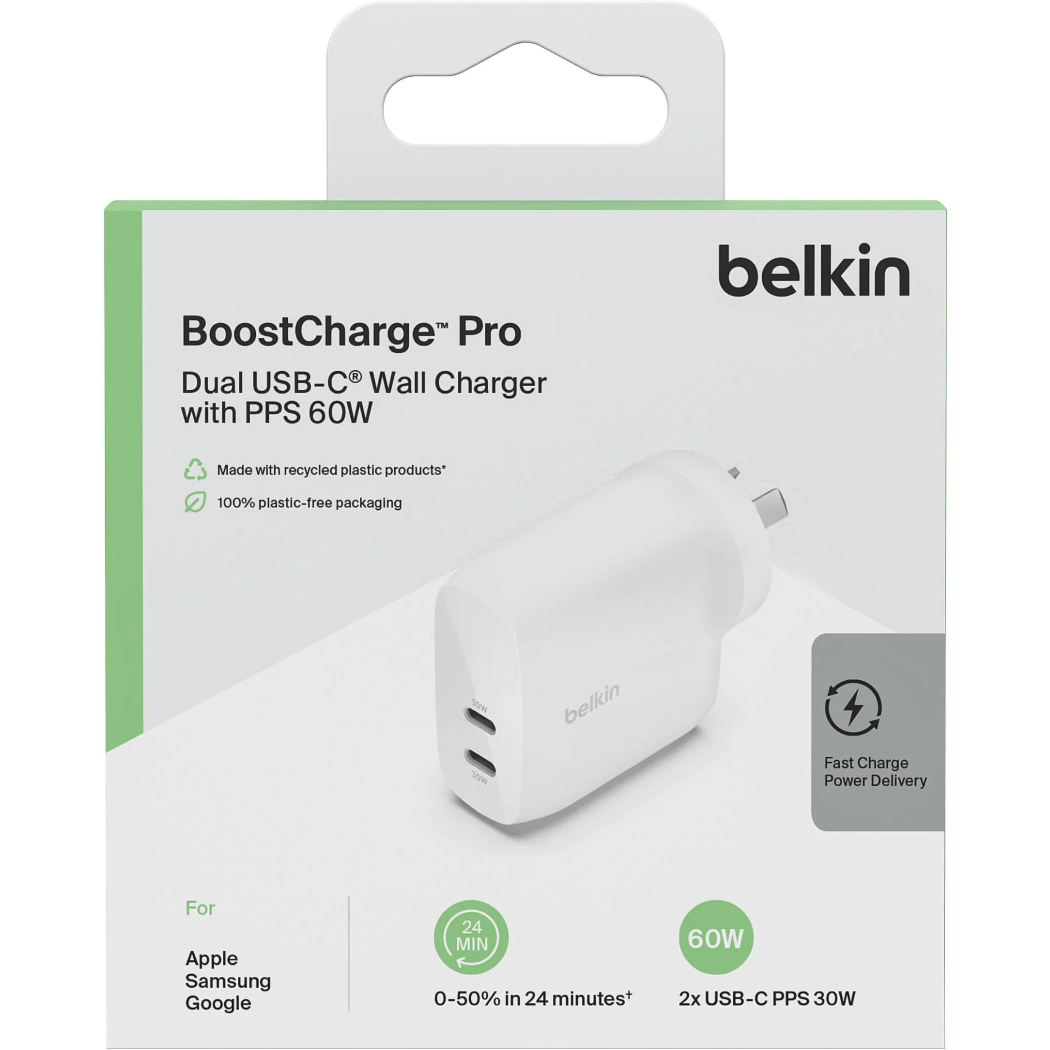 Belkin BoostUp Charge Dual USB-C Wall Charger with PPS 60W (White) - Image 6