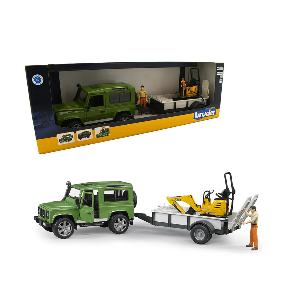 Bruder Licensed 1:16 Scale Land Rover Defender With 1 Axle Trailer JCB Micro Excavator Model Toy - Image 2