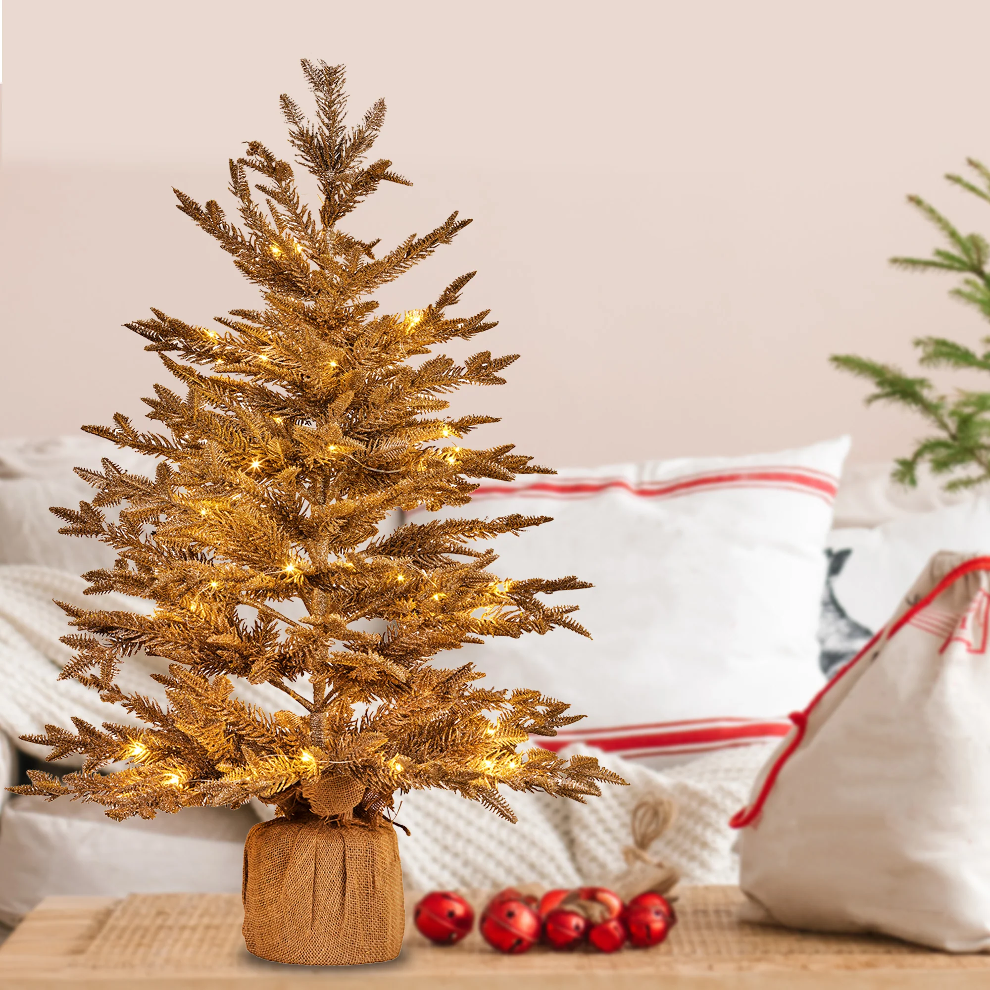 Christabelle 3ft Christmas Tree with Lights - Gold Fir in Hessian Base - Image 5