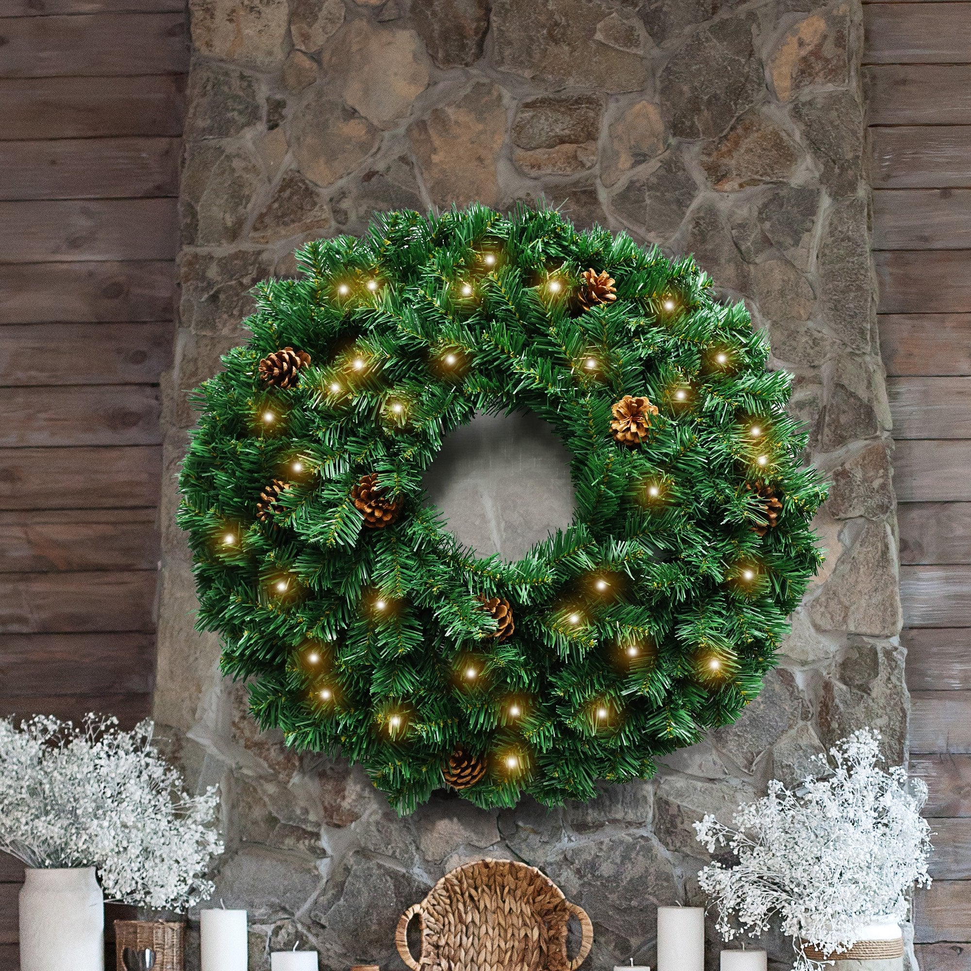 Christabelle 61cm Christmas Wreath  Yuletide Glow with Pine Cones and LED Lights Front Door Decoration - Image 5