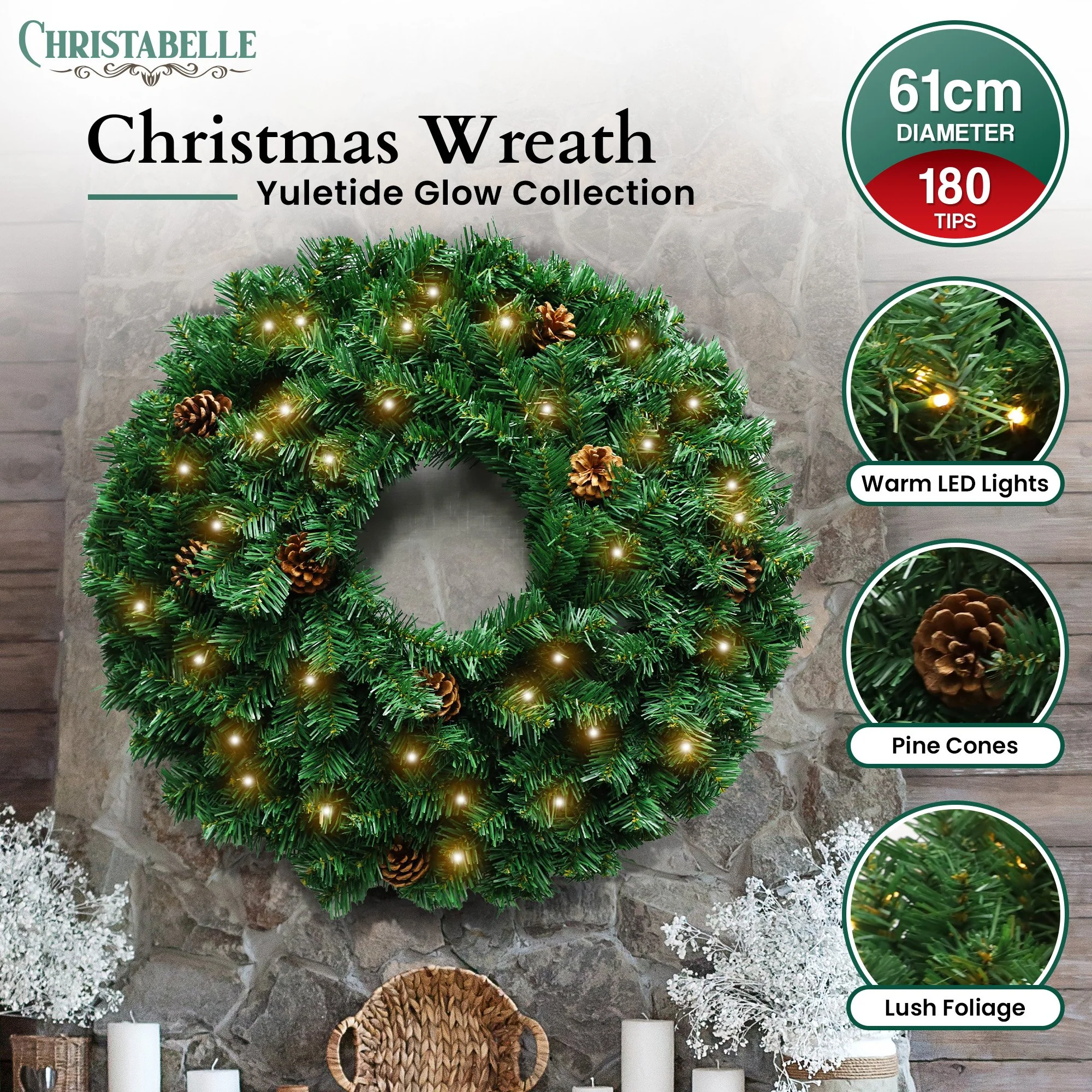 Christabelle 61cm Christmas Wreath  Yuletide Glow with Pine Cones and LED Lights Front Door Decoration - Image 7
