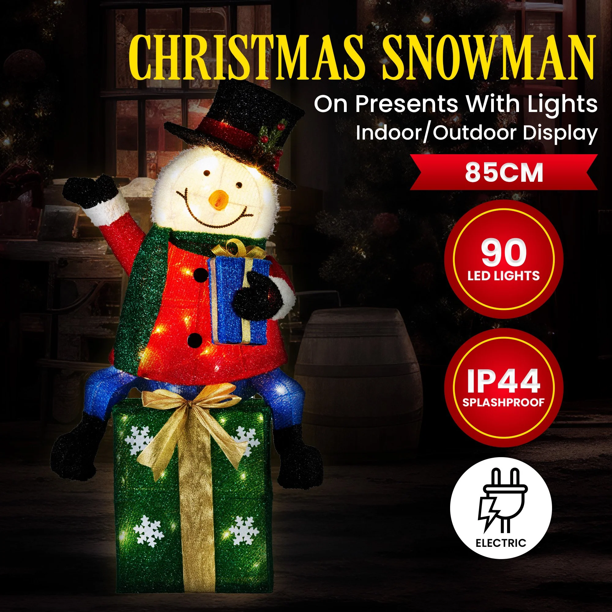 Christabelle 85cm Christmas Snowman On Presents Display with Lights - Image 3