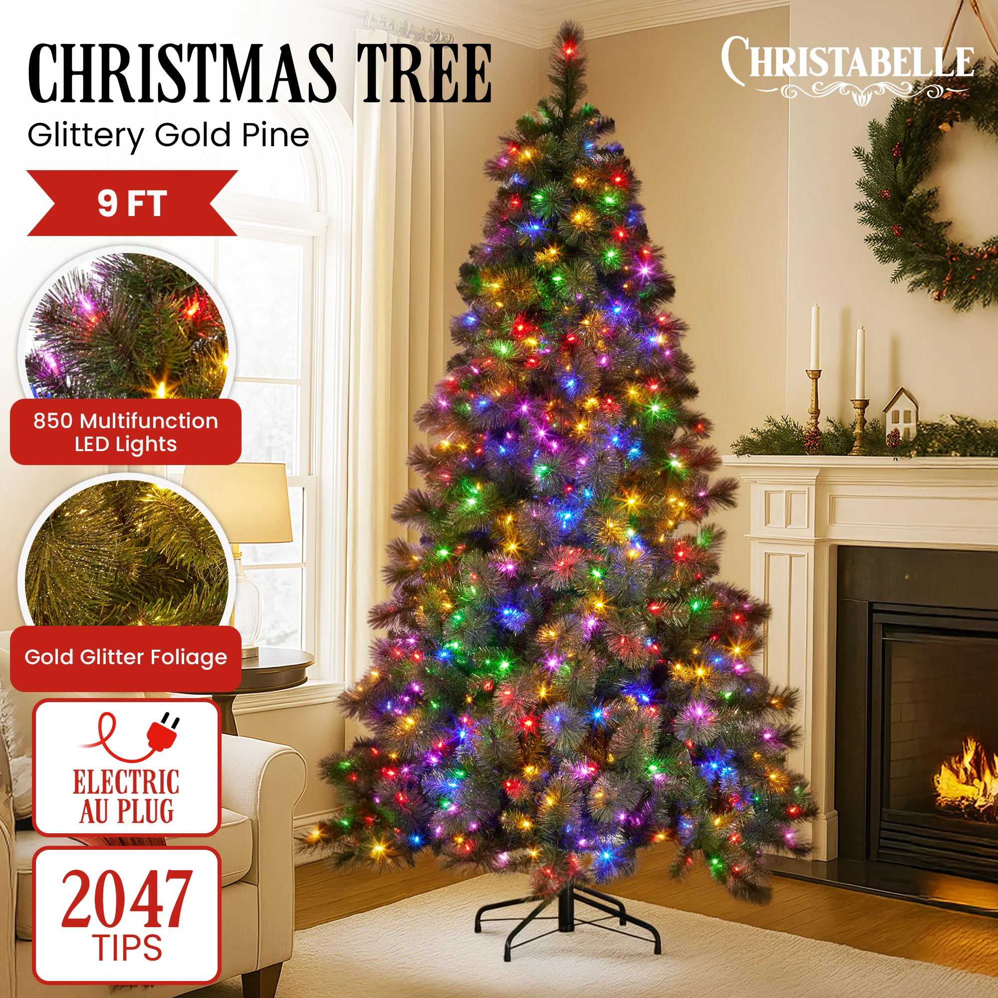 Christabelle Gold Pine Christmas Tree with 850 LEDs 9ft - Image 2