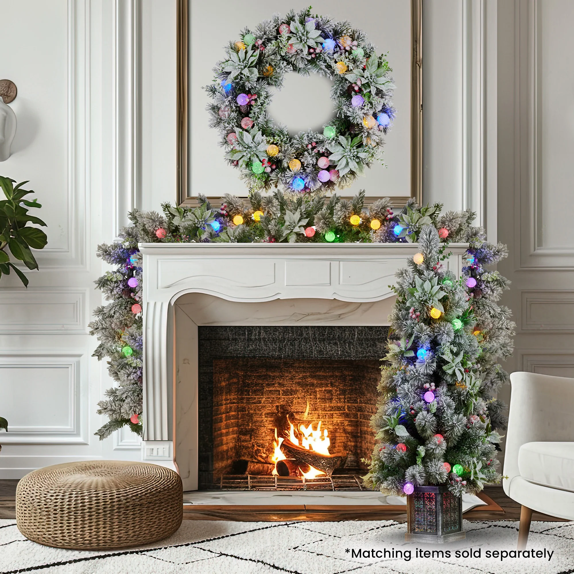 Christabelle Stunning 61cm Snowy Christmas Wreath with LED Lights Crown Pine Baubles Front Door Decoration Ornament - Image 10