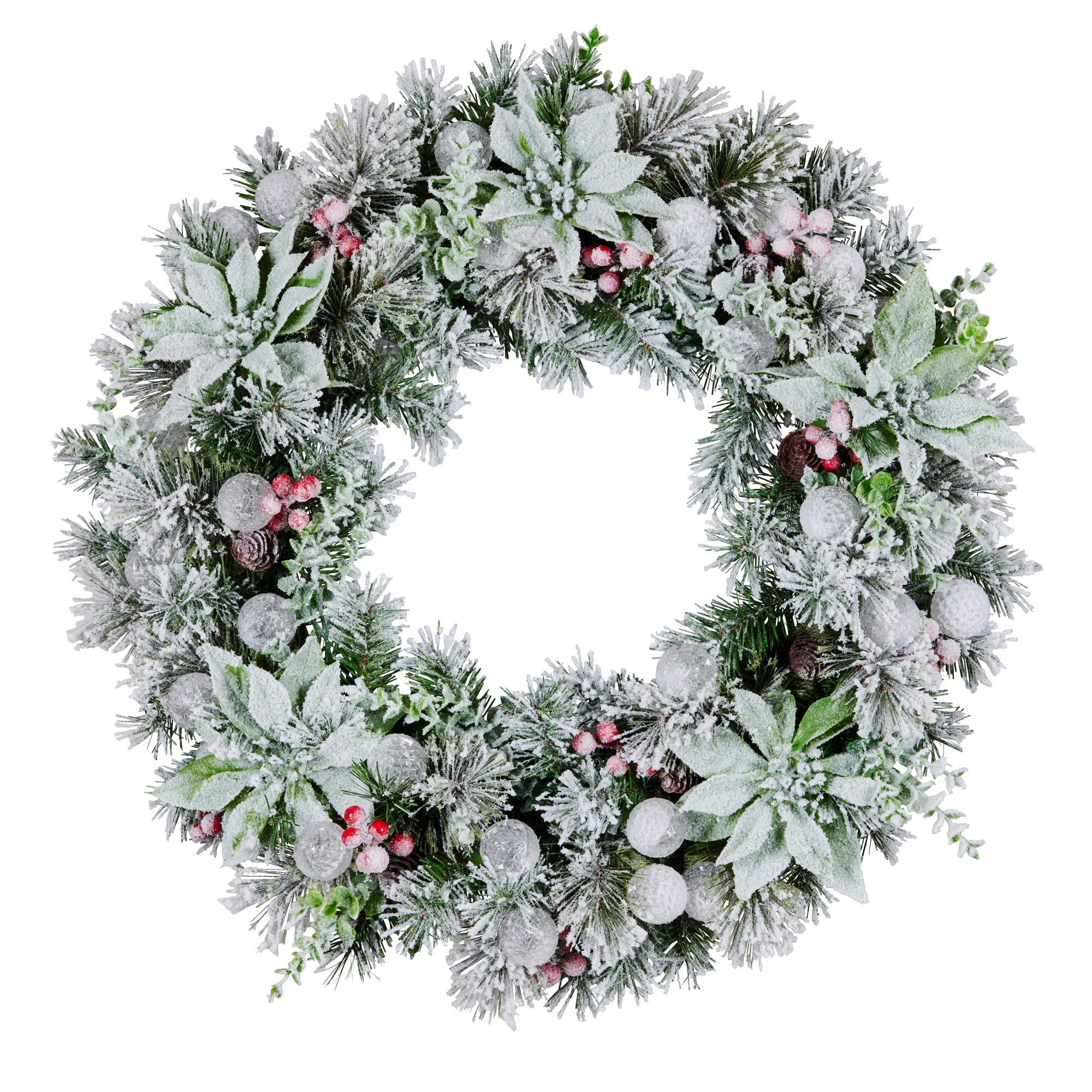 Christabelle Stunning 61cm Snowy Christmas Wreath with LED Lights Crown Pine Baubles Front Door Decoration Ornament - Image 4