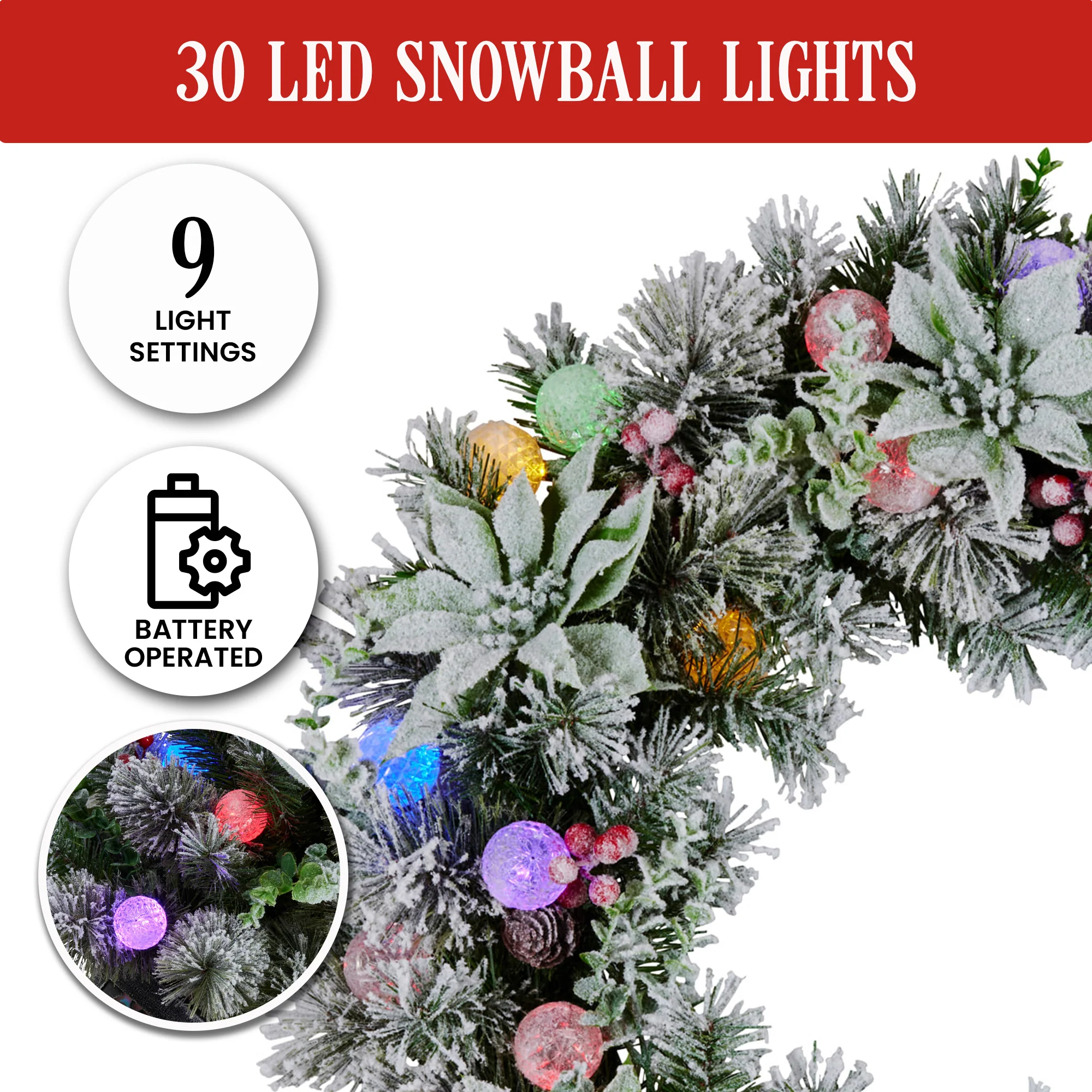Christabelle Stunning 61cm Snowy Christmas Wreath with LED Lights Crown Pine Baubles Front Door Decoration Ornament - Image 7