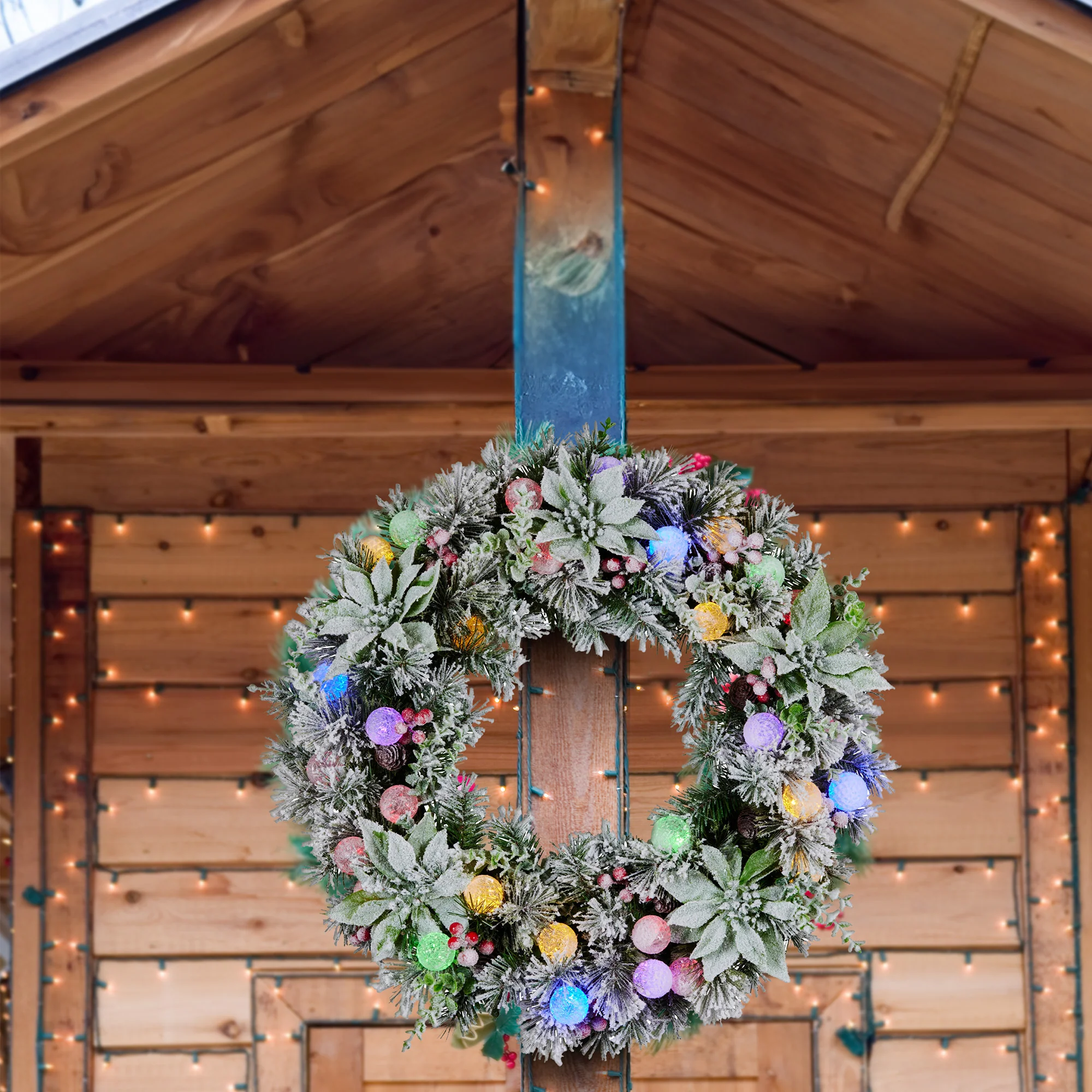 Christabelle Stunning 61cm Snowy Christmas Wreath with LED Lights Crown Pine Baubles Front Door Decoration Ornament - Image 9