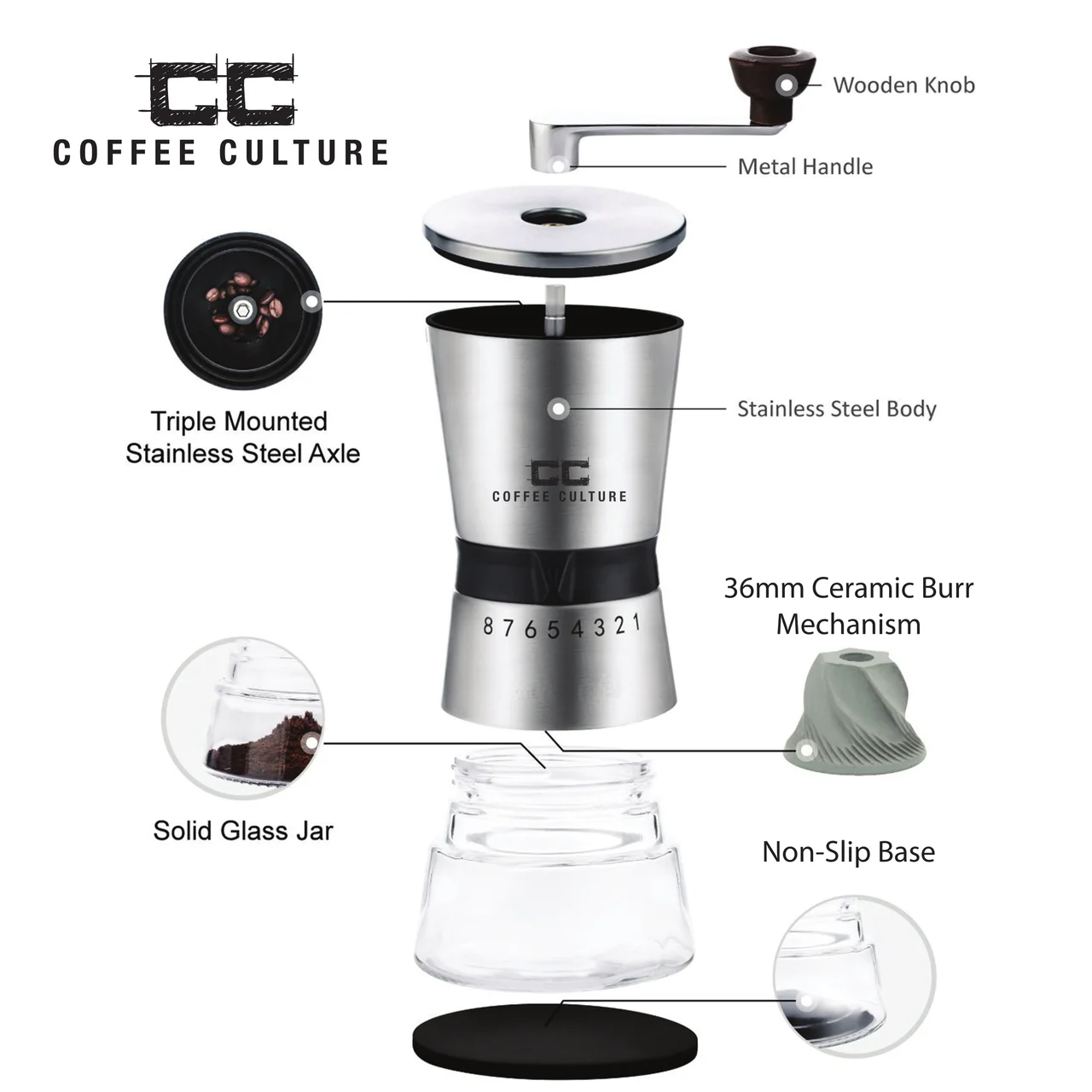 Coffee Culture Premium Stainless Steel Hand Burr Manual Coffee Grinder (Silver) - Image 7