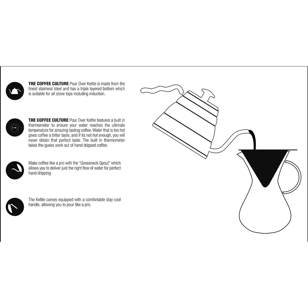 Coffee Culture Stainless Steel 1.2L Goose Neck Kettle with Thermometer (Black) - Image 2