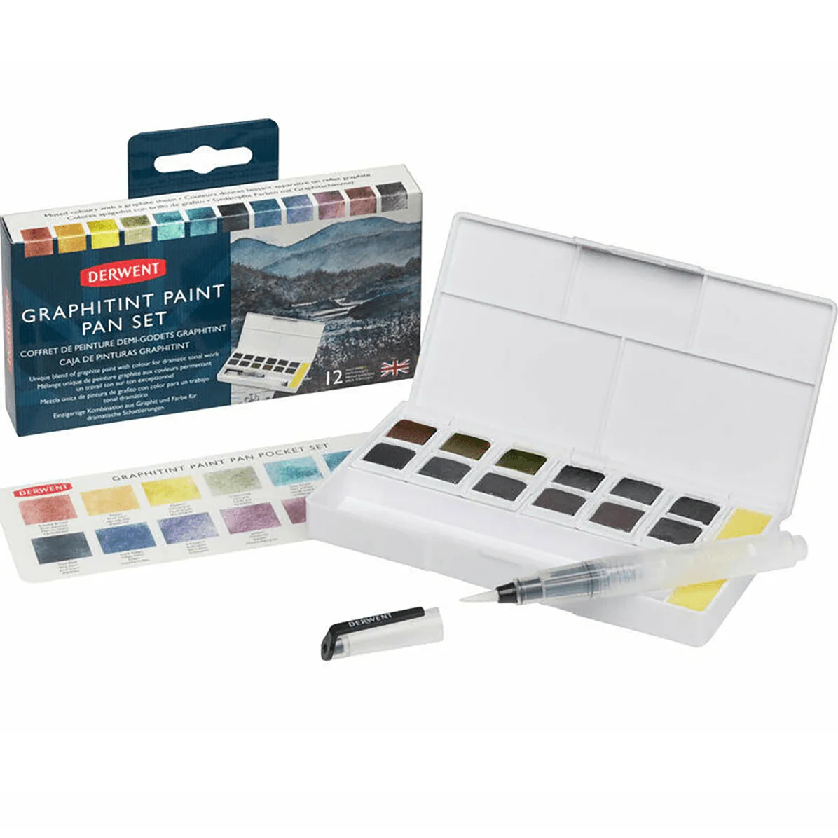 Derwent Graphitint Paint Pan Assorted Colours Set 12 + Waterbrush