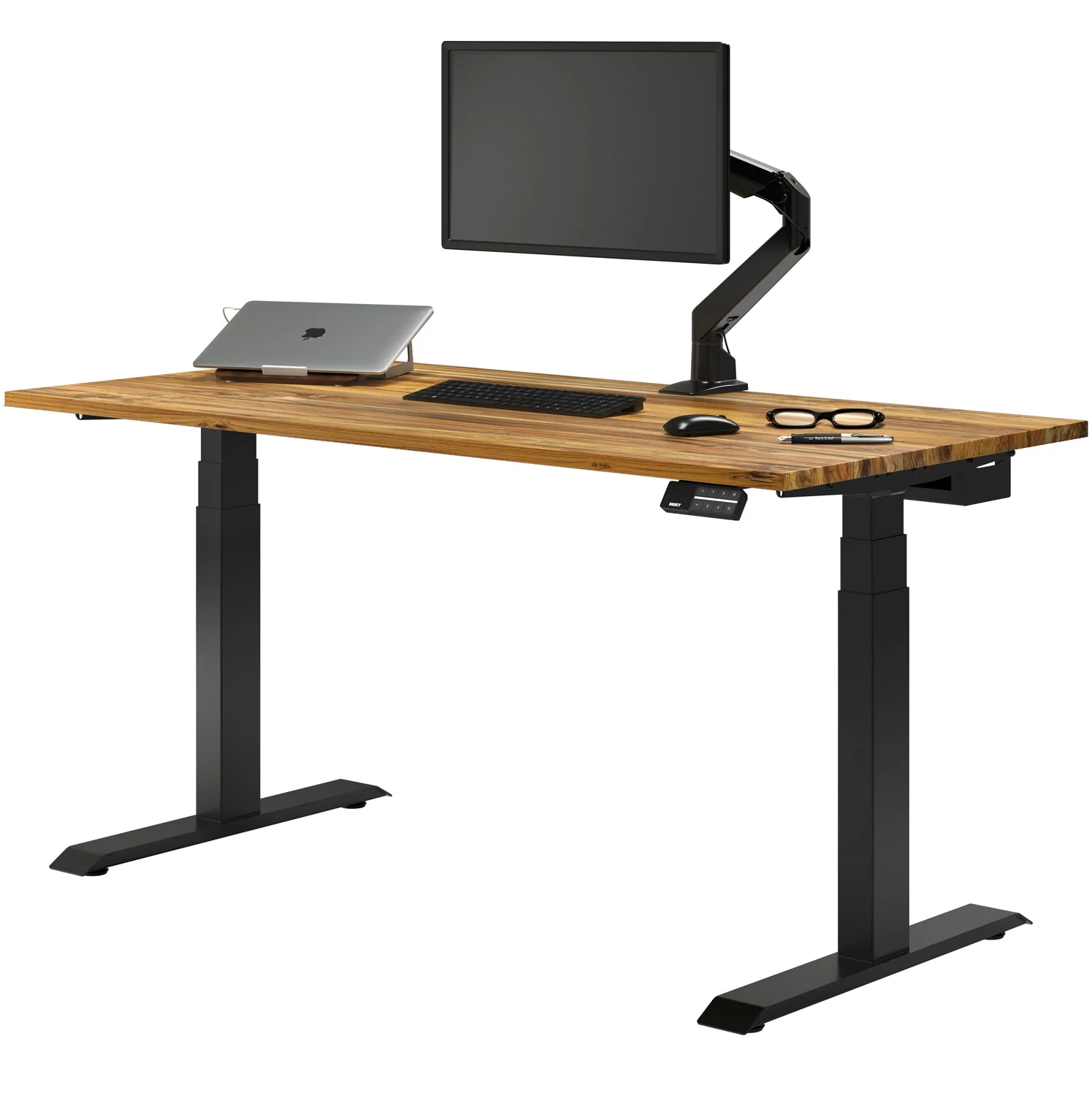 Desky Dual Hardwood Sit Stand Desk 150cm (Teak Desktop/Matte Black Frame) - Image 2