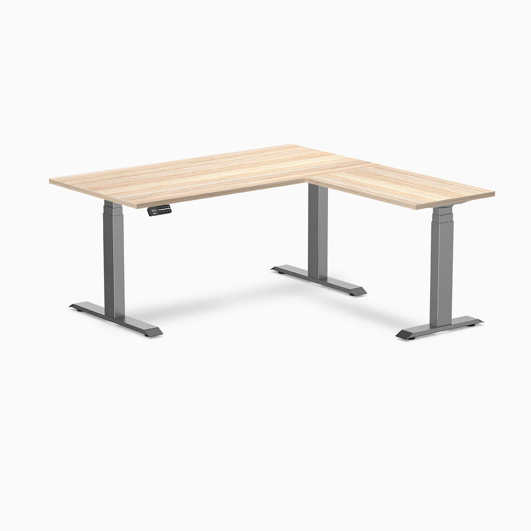 Desky Eco L-Shape Melamine Sit Stand Desk 150 x 155 cm Classic Oak Top and Space Grey Leg - Image 3