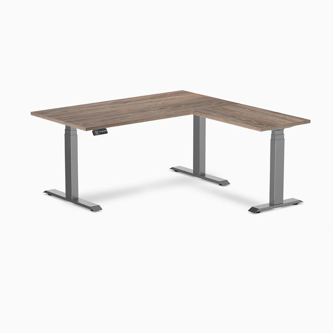 Desky Eco L-Shape Melamine Sit Stand Desk 150 x 155 cm Natural Walnut Top and Space Grey Leg - Image 3
