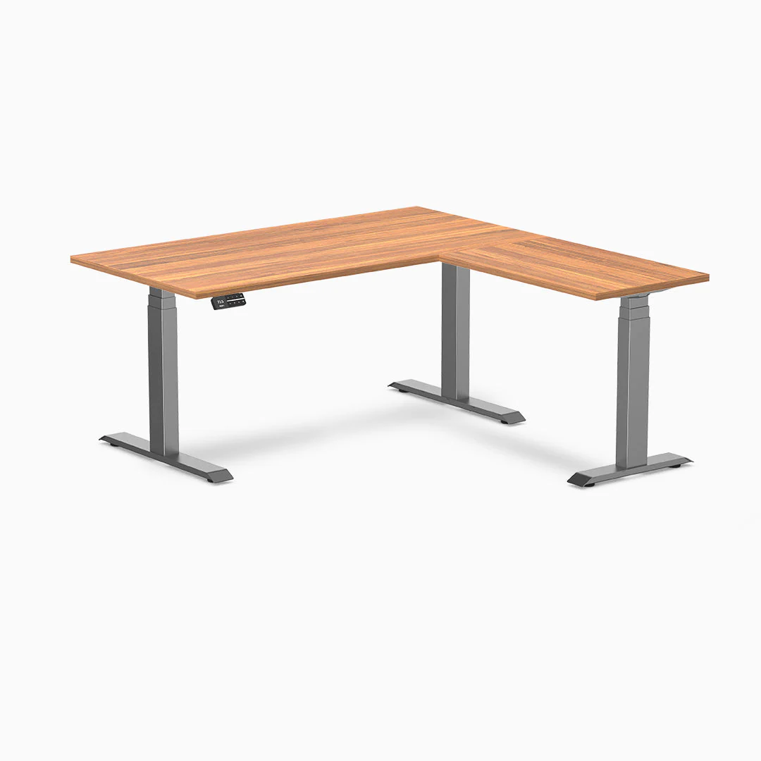Desky Eco L-Shape Melamine Sit Stand Desk 150 x 155 cm Prime Oak Top and Space Grey Leg - Image 3