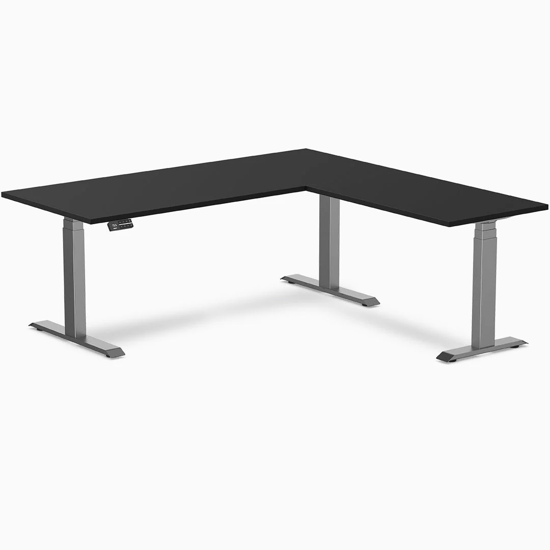 Desky Eco L-Shape Melamine Sit Stand Desk 180 x 175 cm Black Top and Space Grey Leg - Image 3